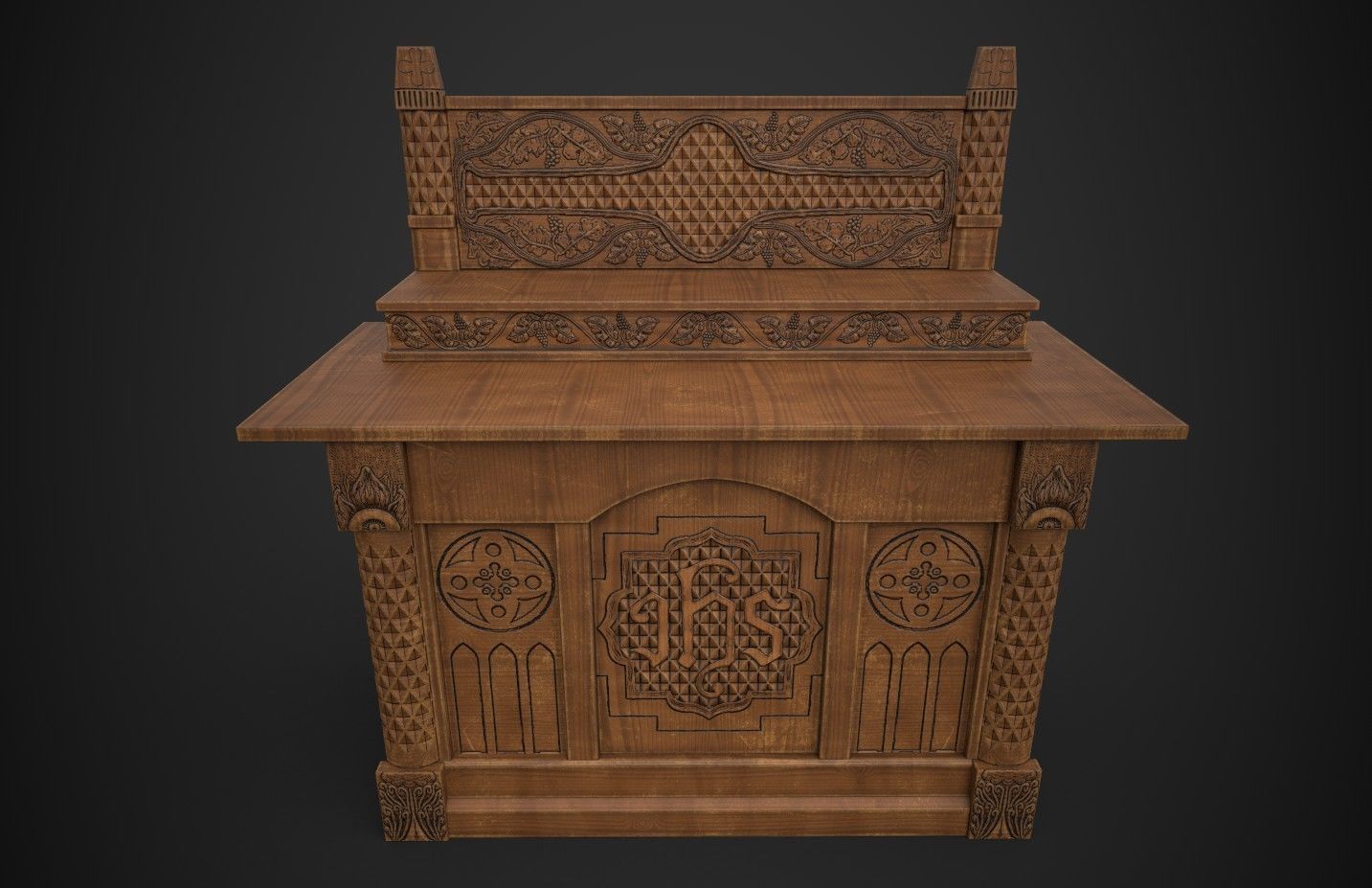Altar wooden table with carvings Low-poly 3D model_2