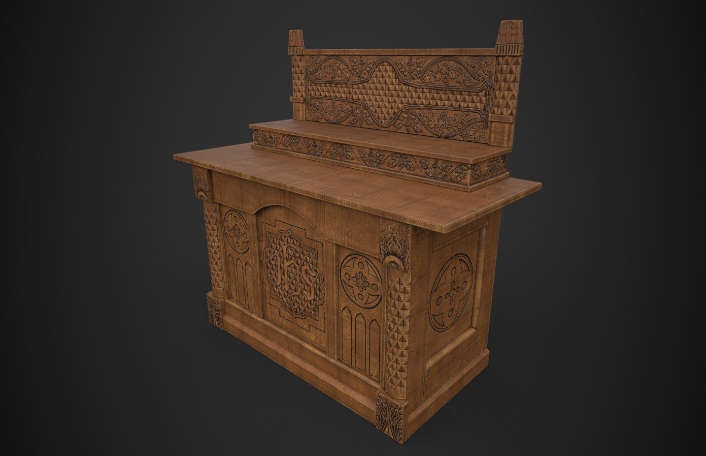 Altar wooden table with carvings Low-poly 3D model_1