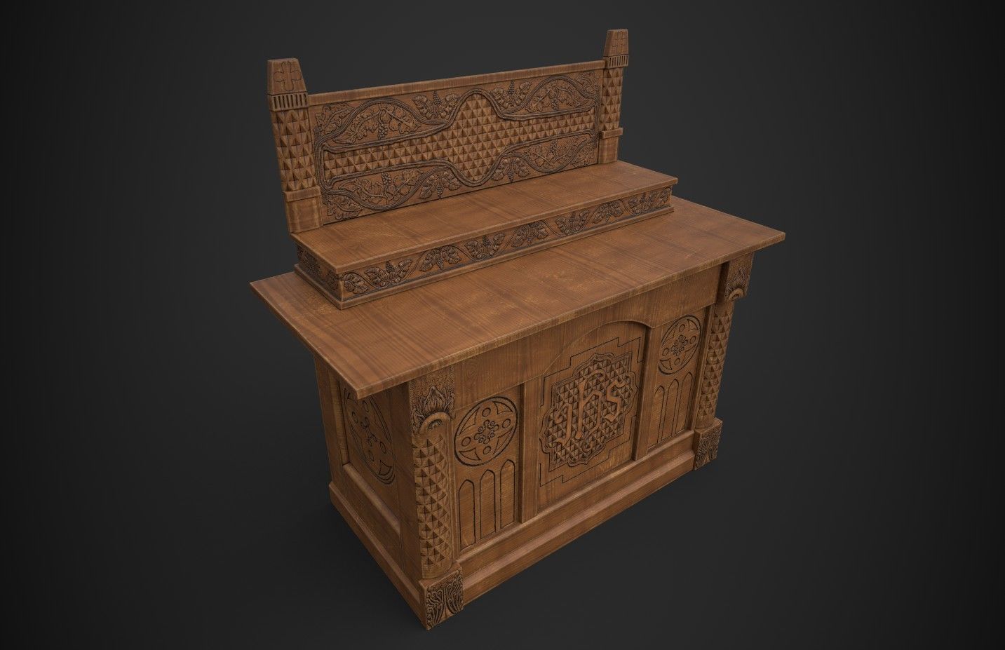 Altar wooden table with carvings Low-poly 3D model_3