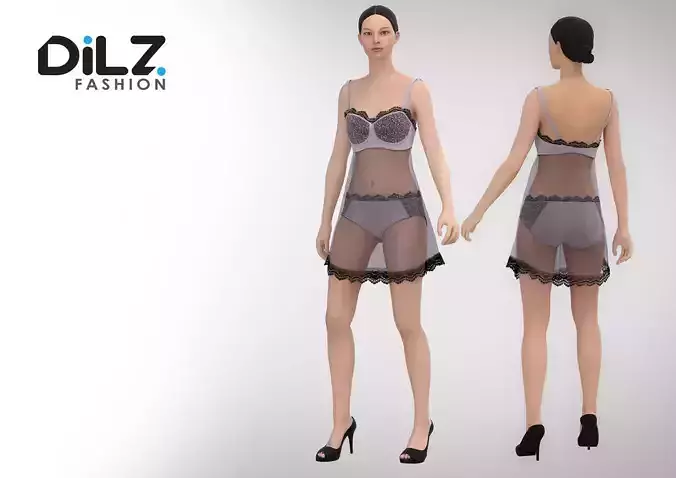 Women Sexy Night Dress Lace Female Lingerie Sleepwear Nightwear 3D model