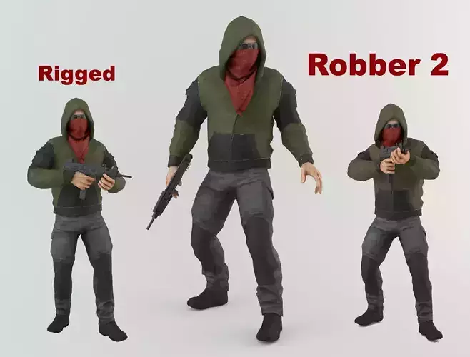 Robber 2 man in hoodie holding gun Low-poly 3D model