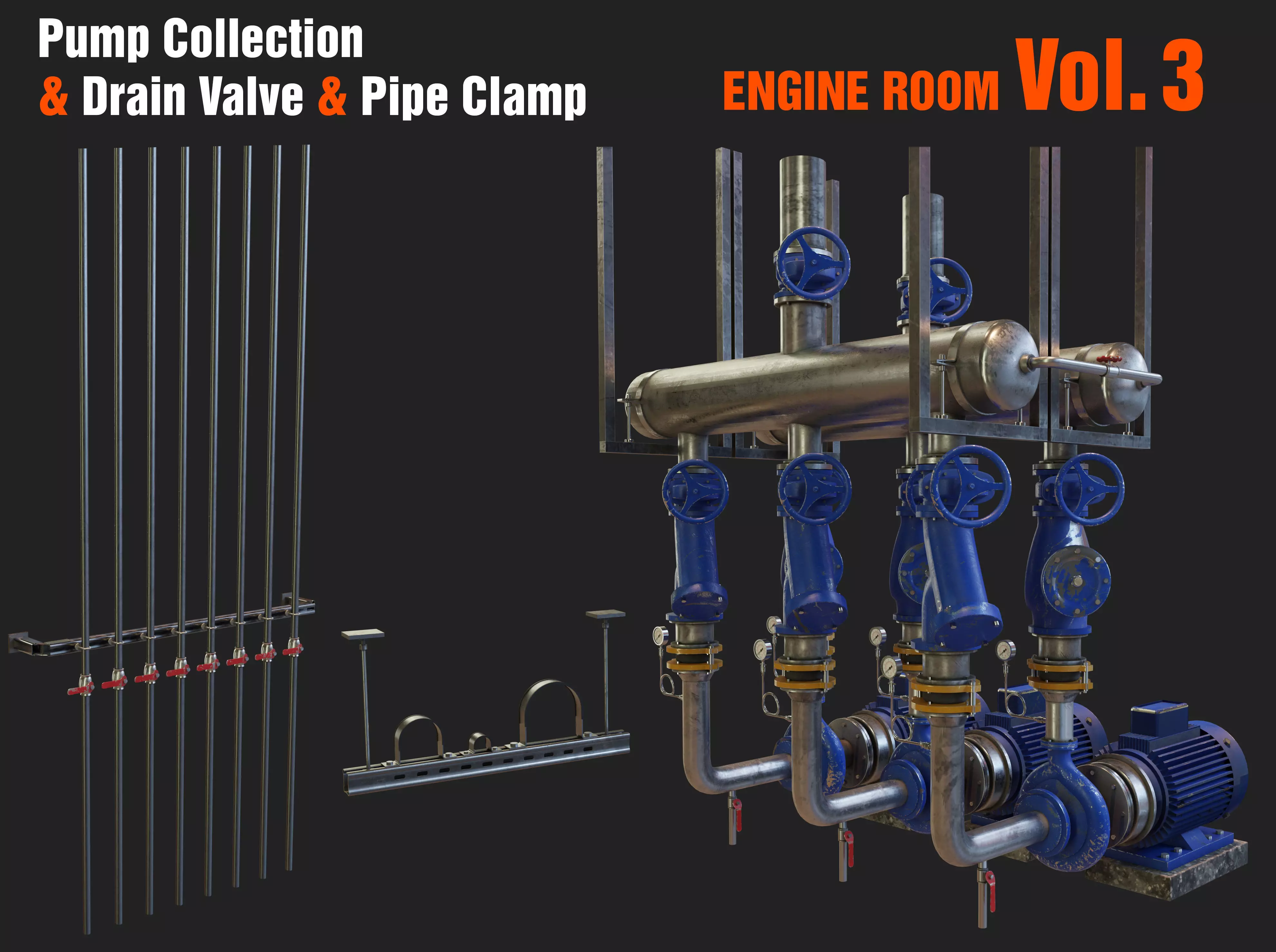Pump Collection and Drain Valve and Pipe Clamp 3D model_0