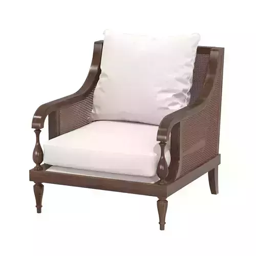 Custom made chair in brown wood  cane back and white cushions