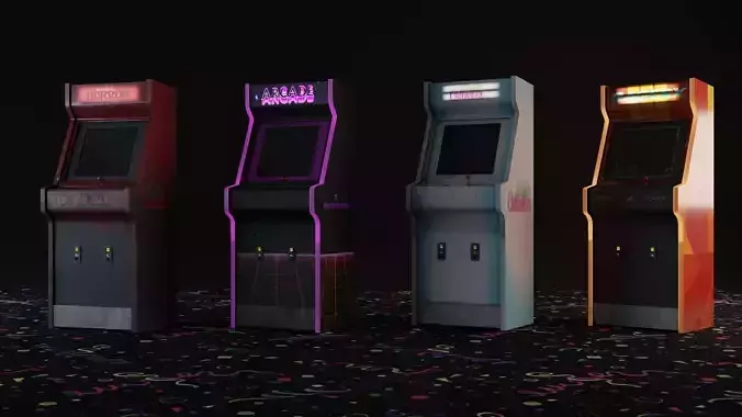 4 Arcade Machines with Chair - Retro - Game Ready Low-poly 3D model