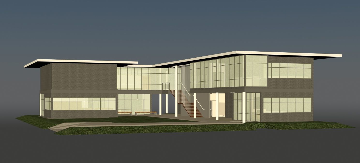 Office building with open green area  entrance 3D model_2