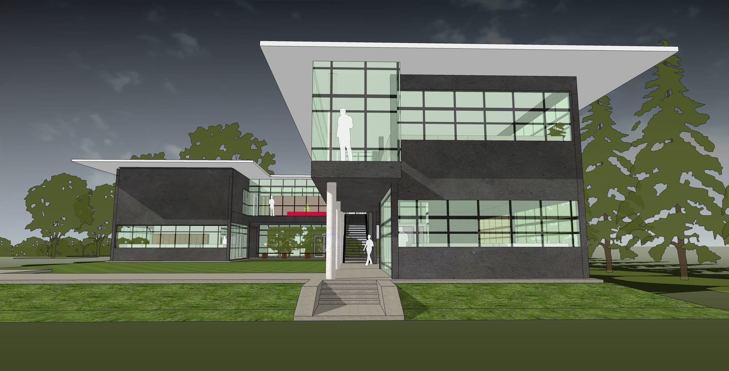 Office building with open green area  entrance 3D model_4