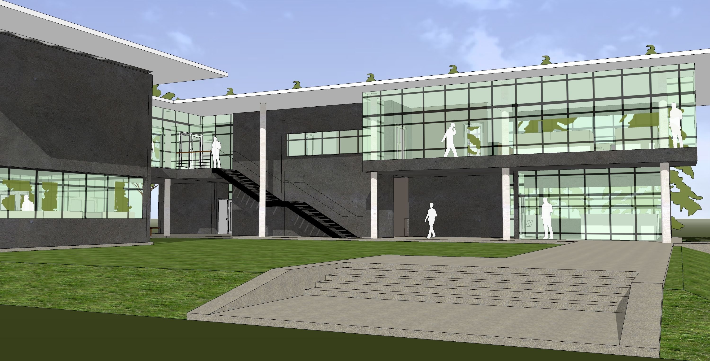 Office building with open green area  entrance 3D model_9