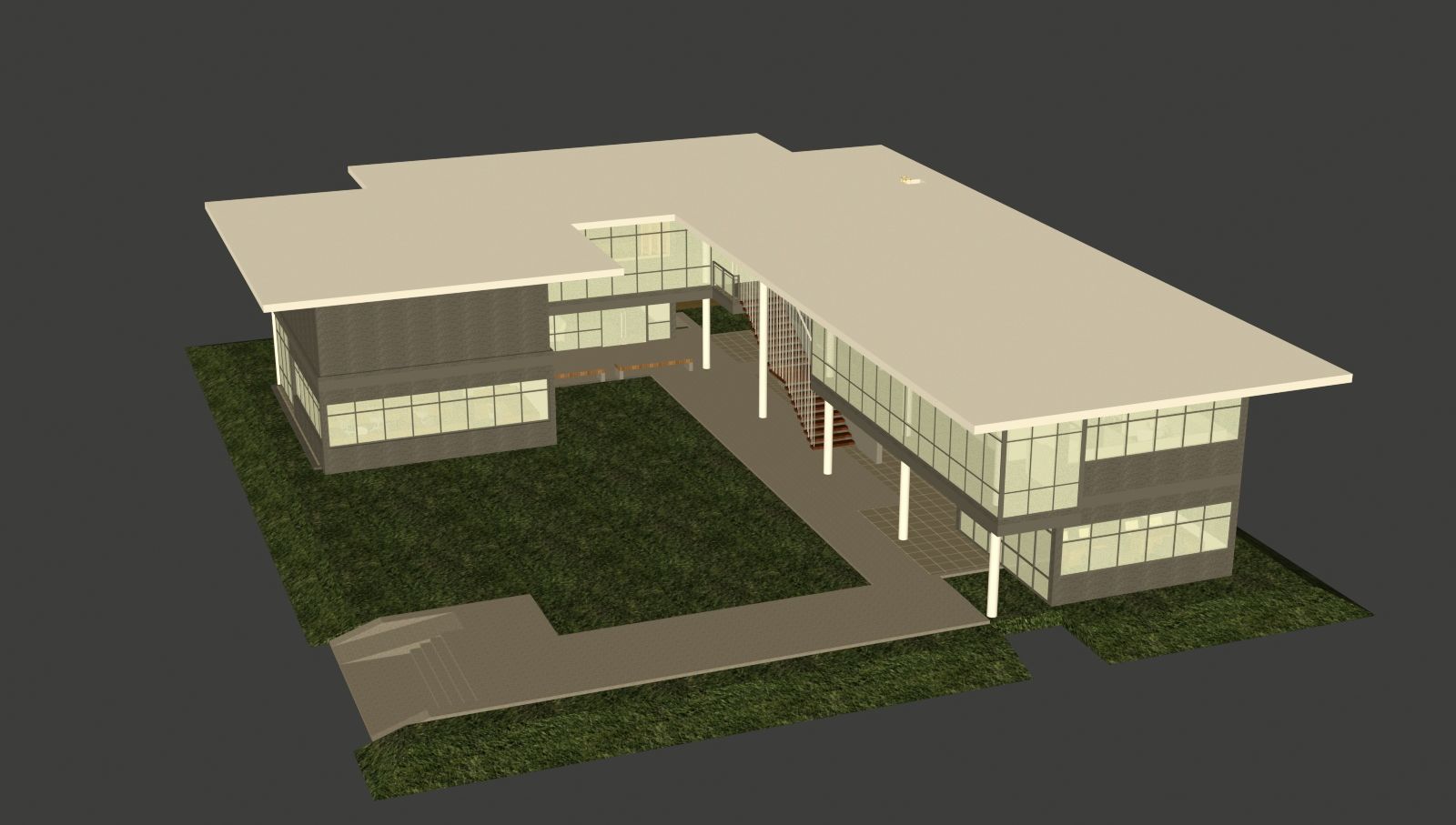 Office building with open green area  entrance 3D model_3
