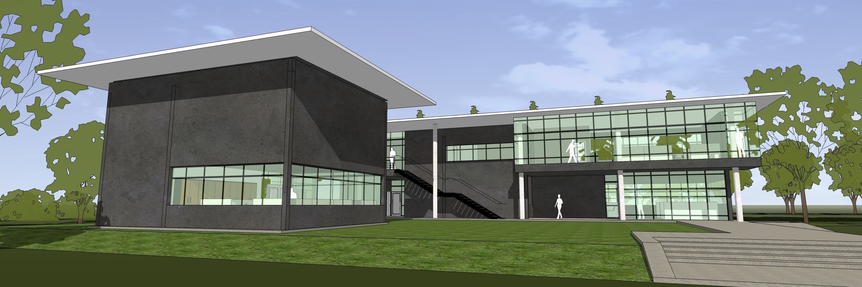 Office building with open green area  entrance 3D model_6