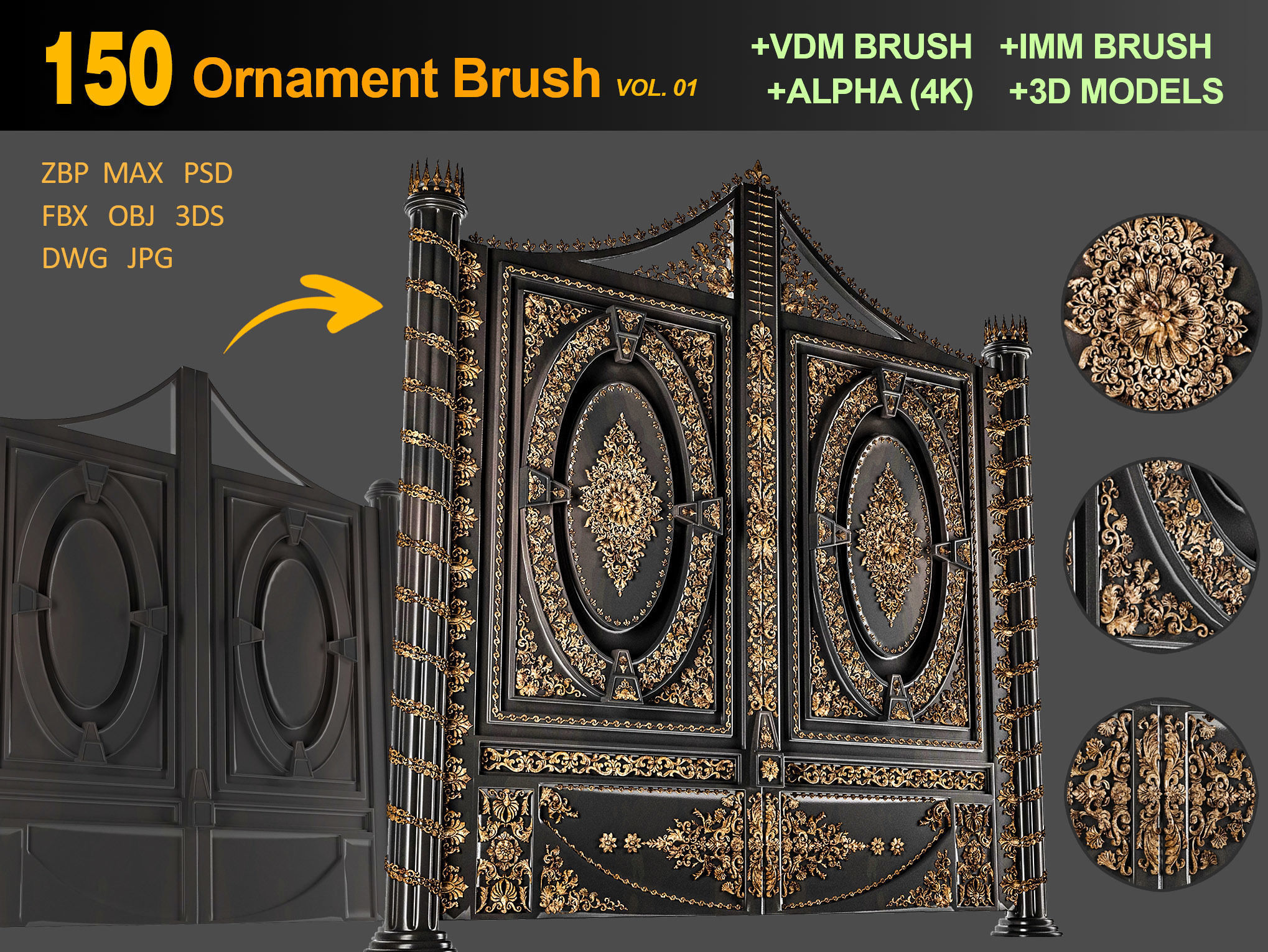 150 Ornament Brushes 4K Alphas and 3D Models- VOL 01 3D model_1