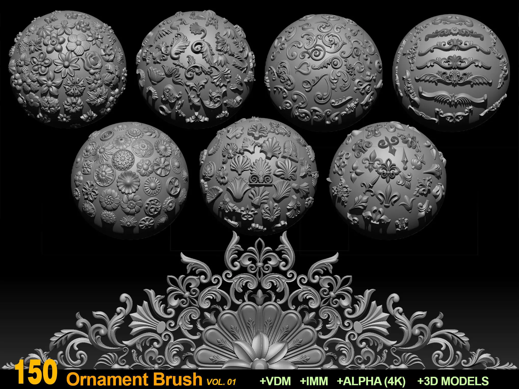 150 Ornament Brushes 4K Alphas and 3D Models- VOL 01 3D model_0