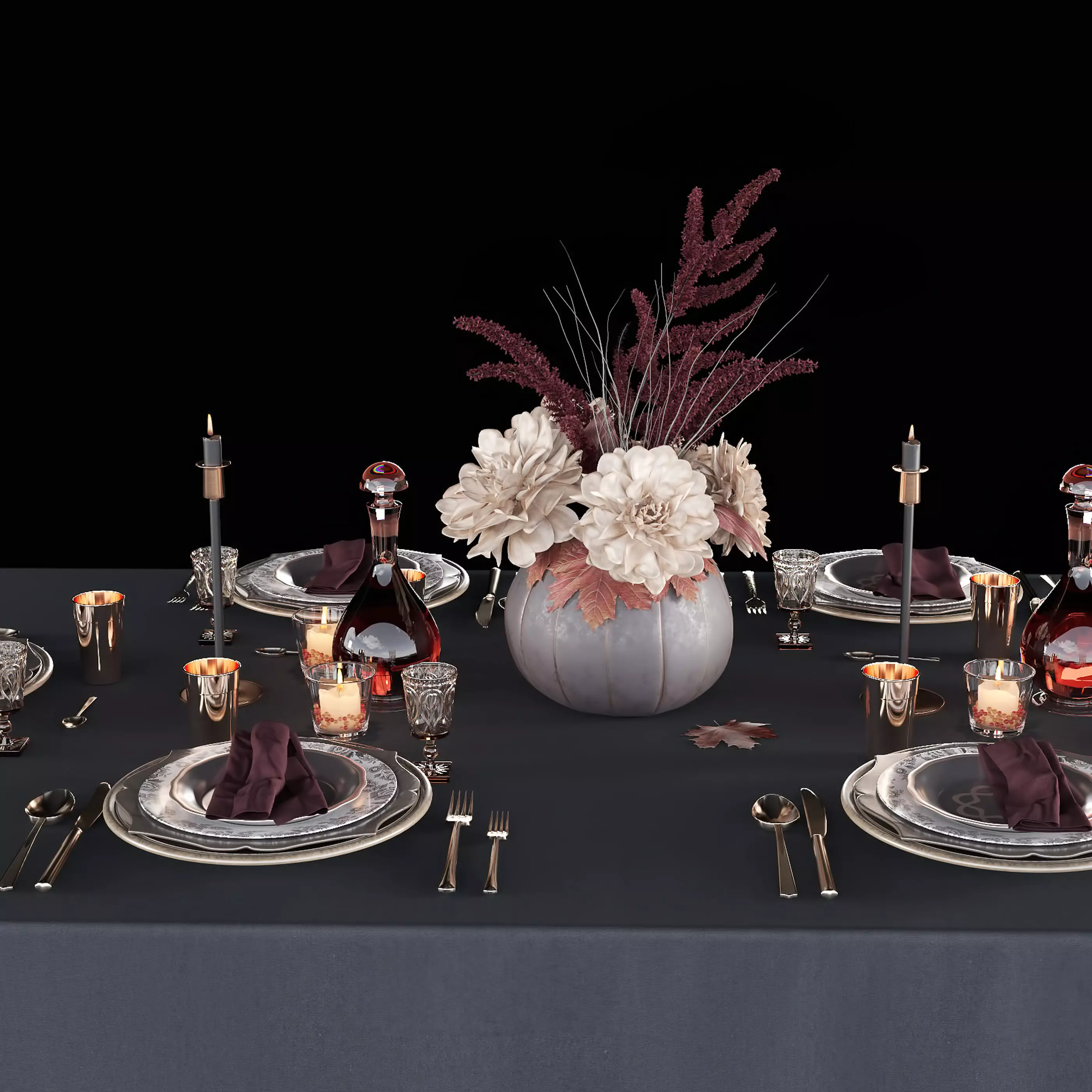 Table setting with bouquet 3D model_0