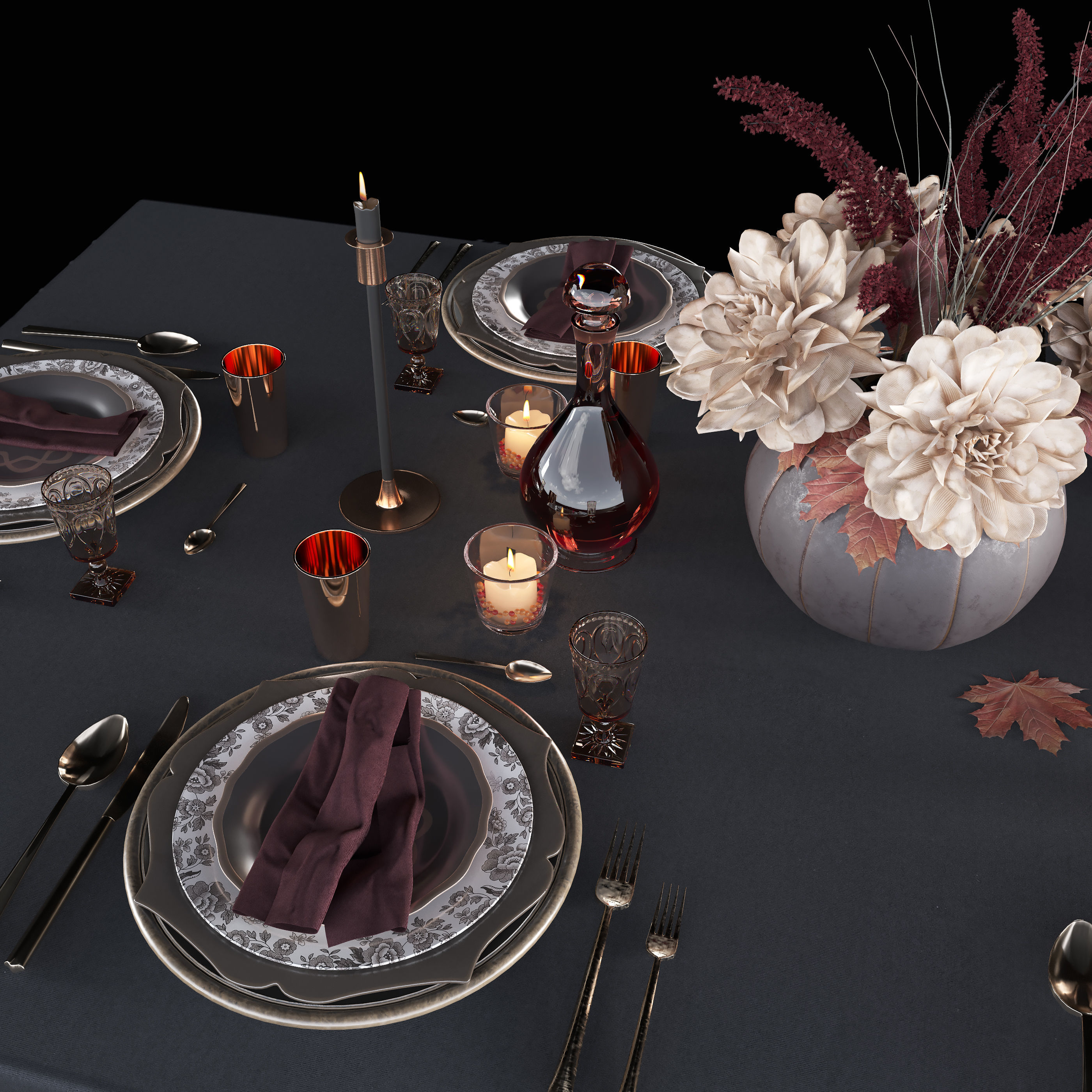 Table setting with bouquet 3D model_6