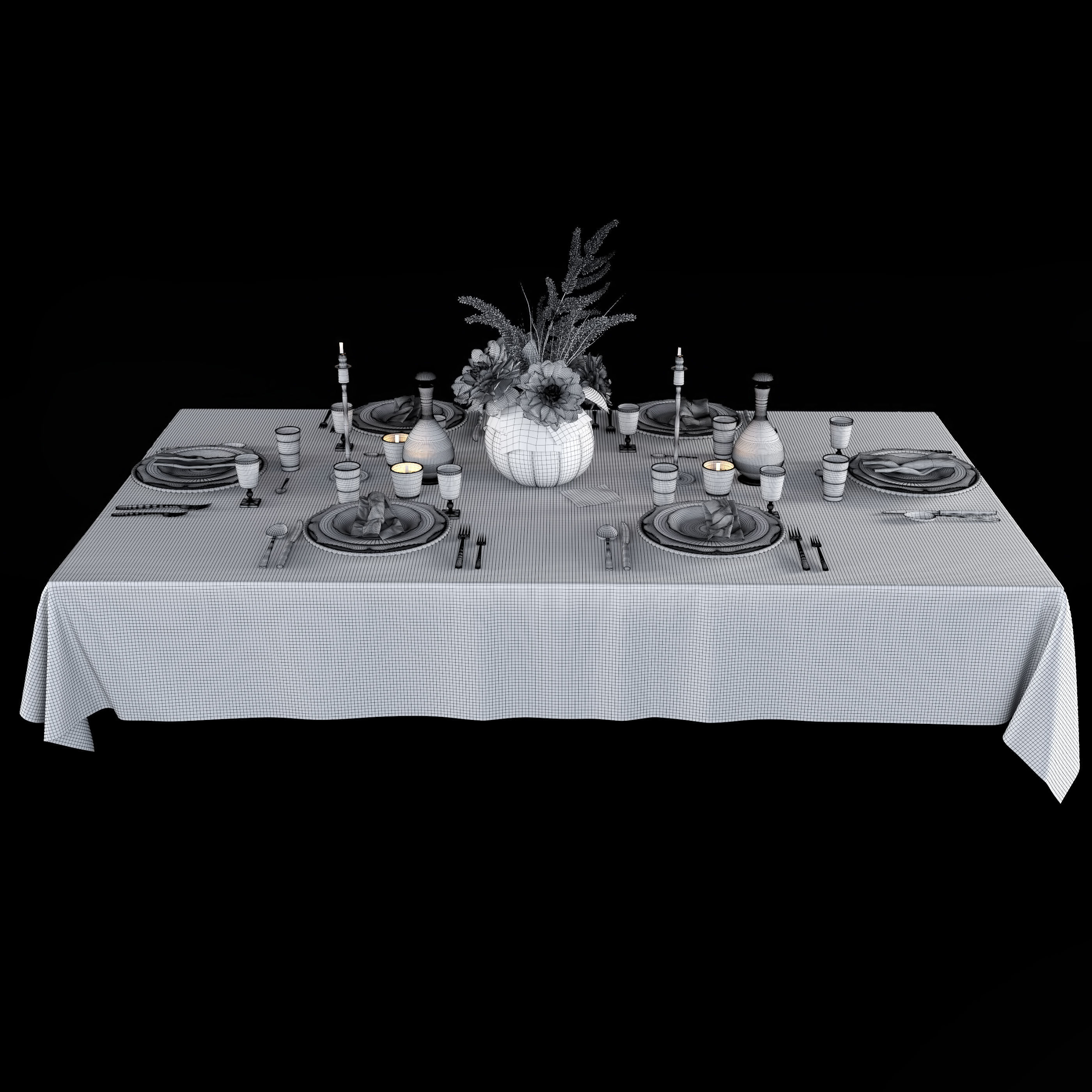 Table setting with bouquet 3D model_10