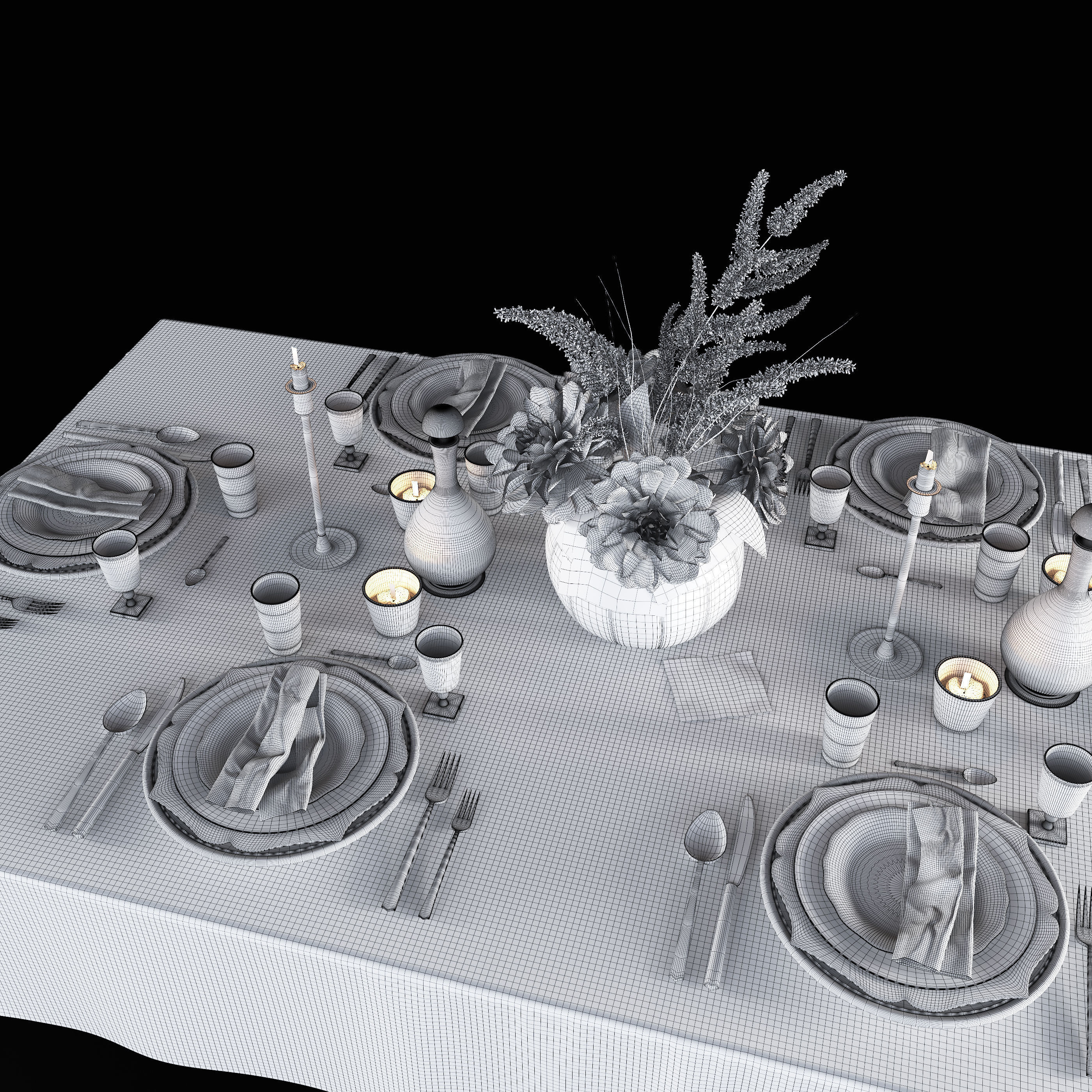 Table setting with bouquet 3D model_12