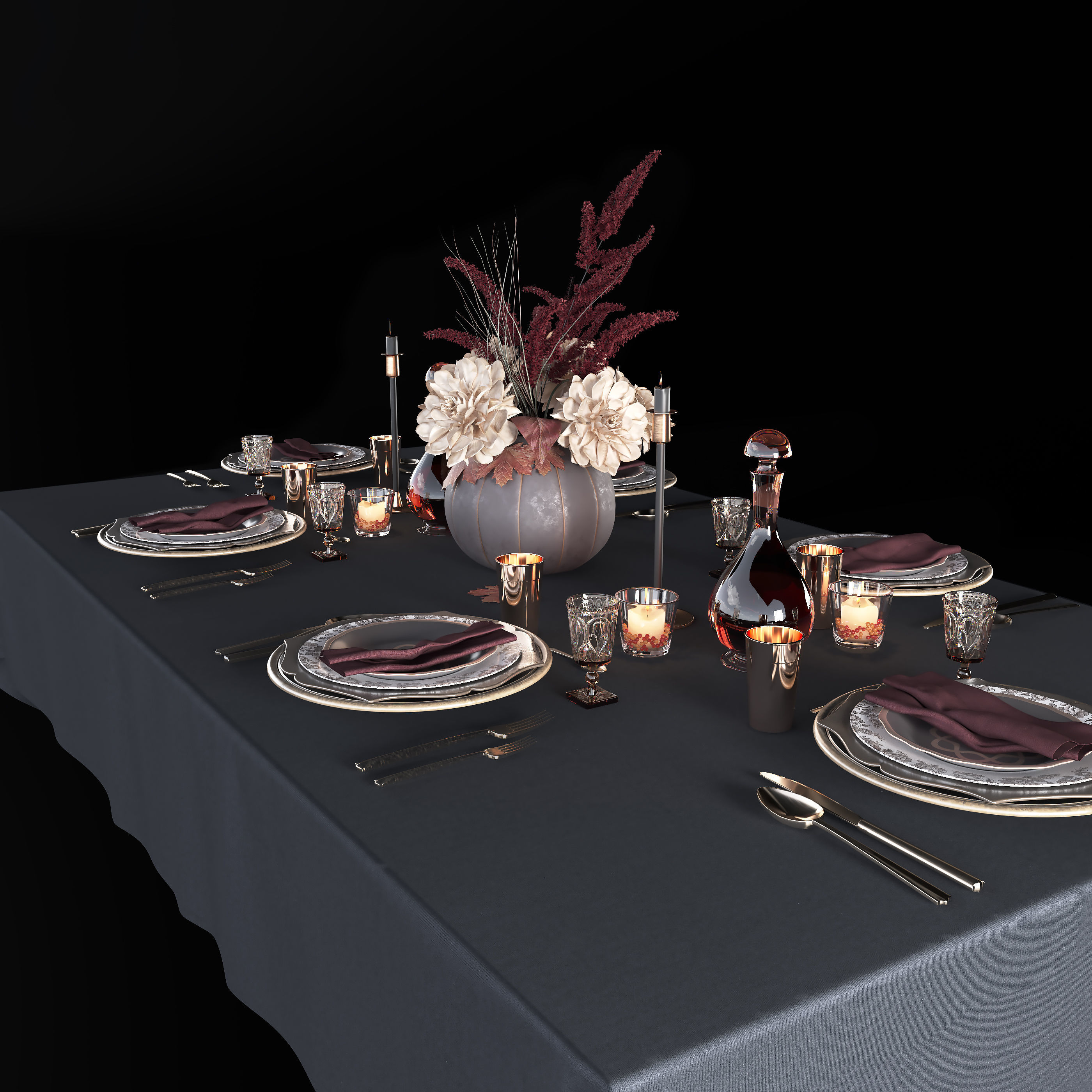 Table setting with bouquet 3D model_8