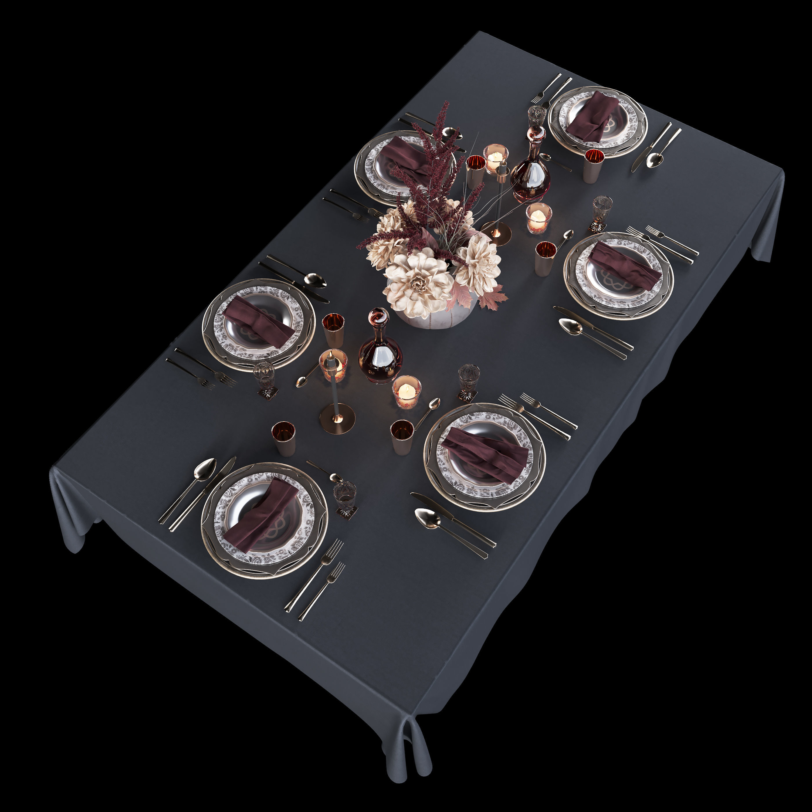 Table setting with bouquet 3D model_9