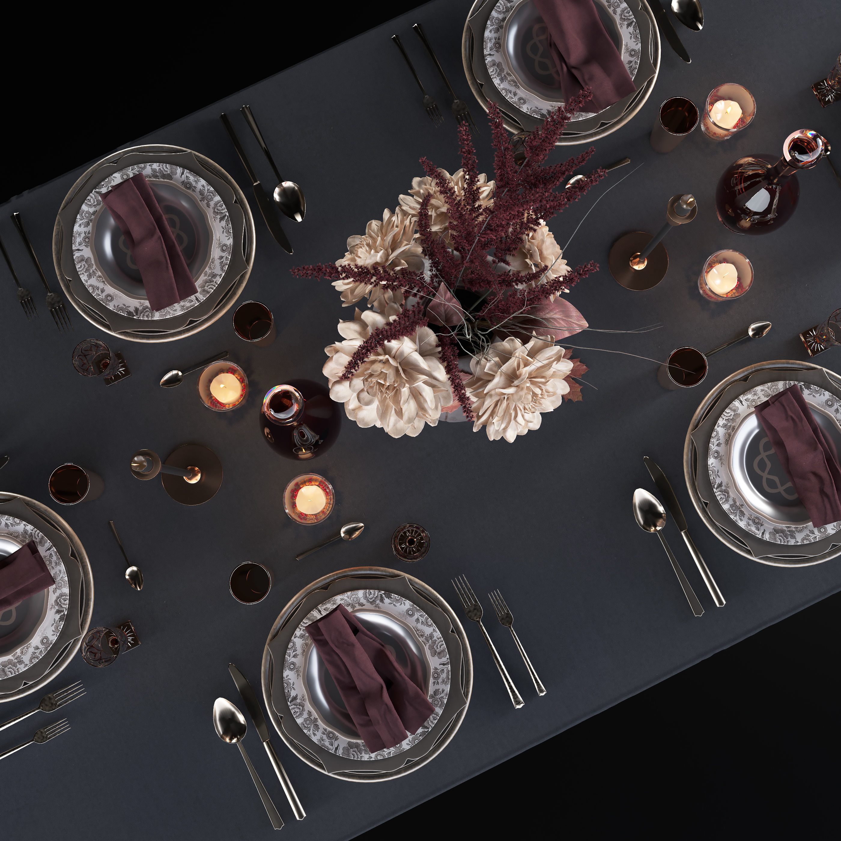 Table setting with bouquet 3D model_5