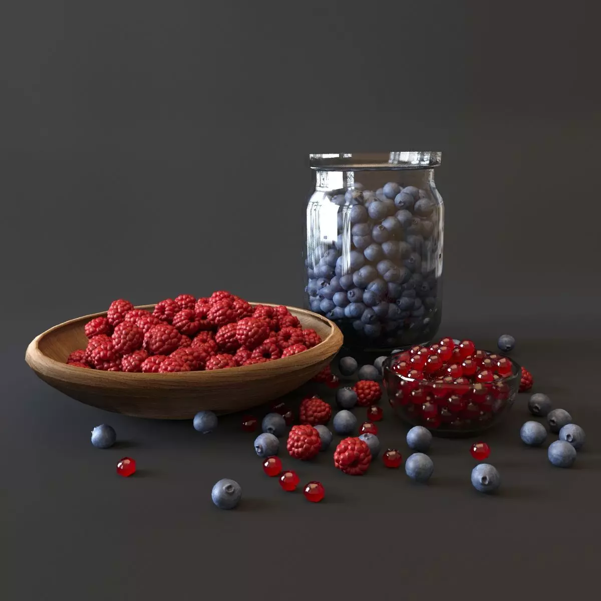 Berries set raspberries and blueberries in bowl 3D model
