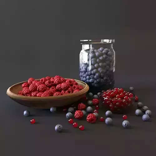 Berries set raspberries and blueberries in bowl 3D model