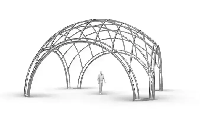 Dome Structure with Arched Entry and Diagonal Wireframe Design