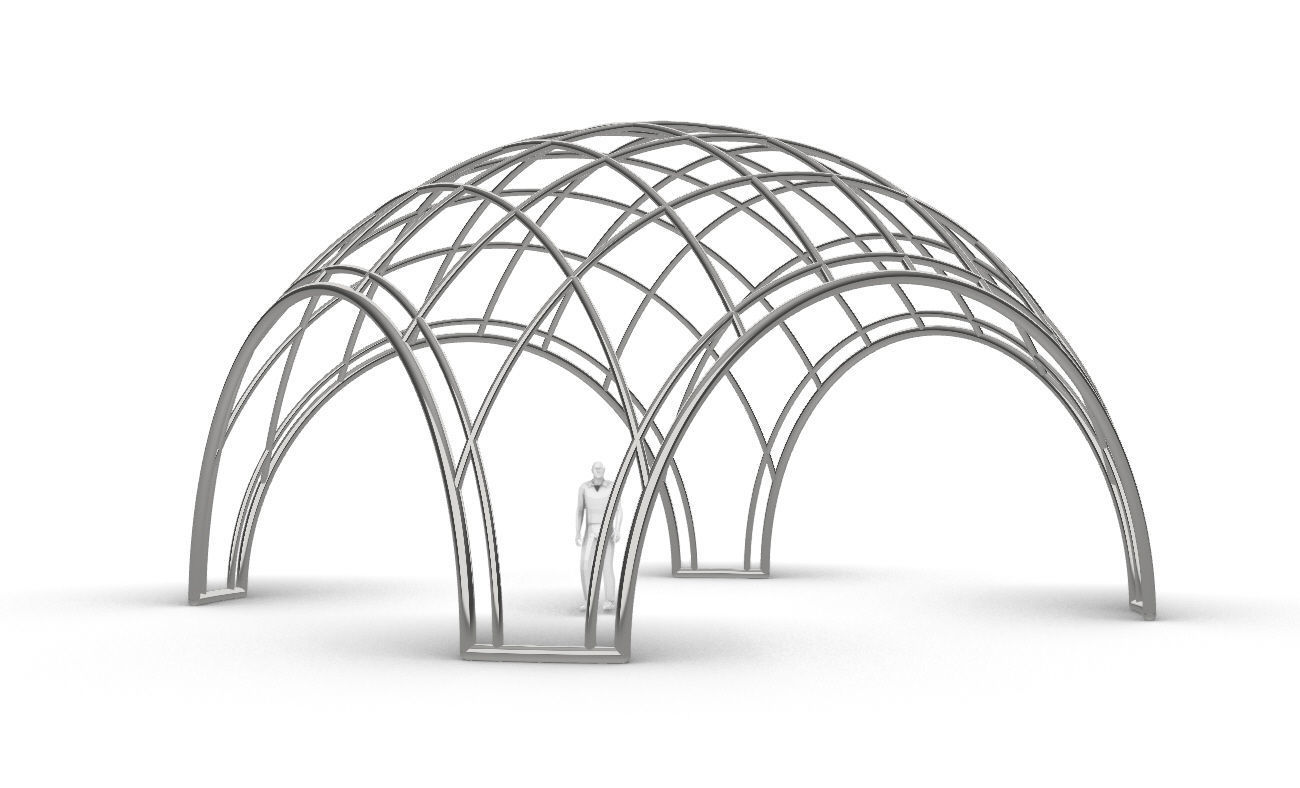 Dome Structure with Arched Entry and Diagonal Wireframe Design 3D model_2