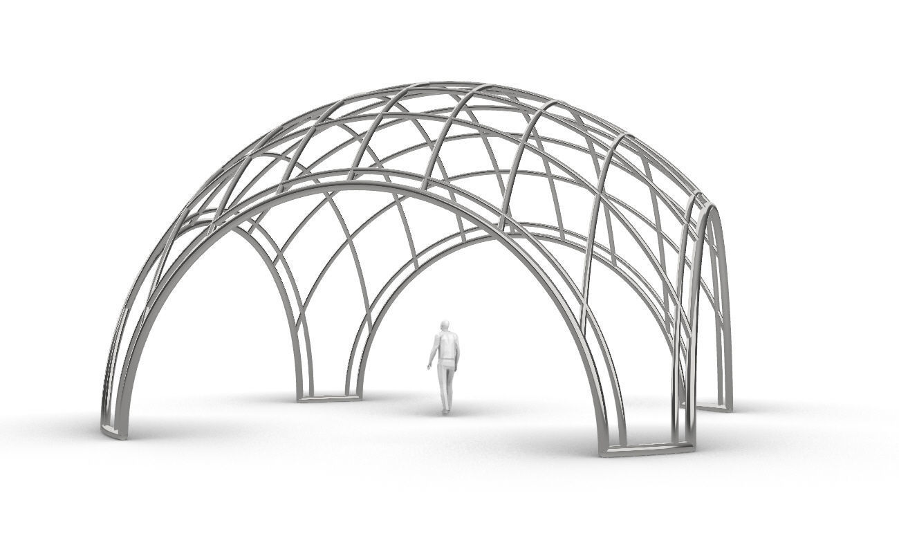 Dome Structure with Arched Entry and Diagonal Wireframe Design 3D model_10