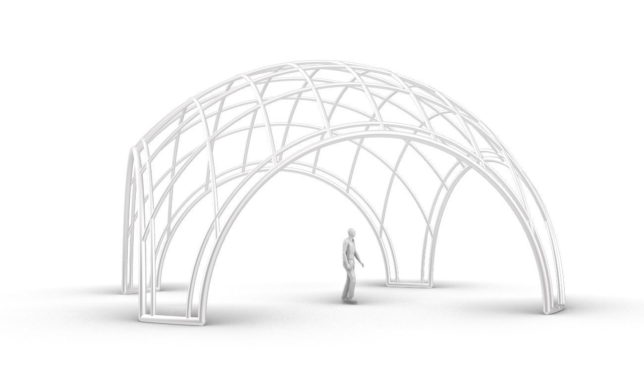 Dome Structure with Arched Entry and Diagonal Wireframe Design 3D model_38