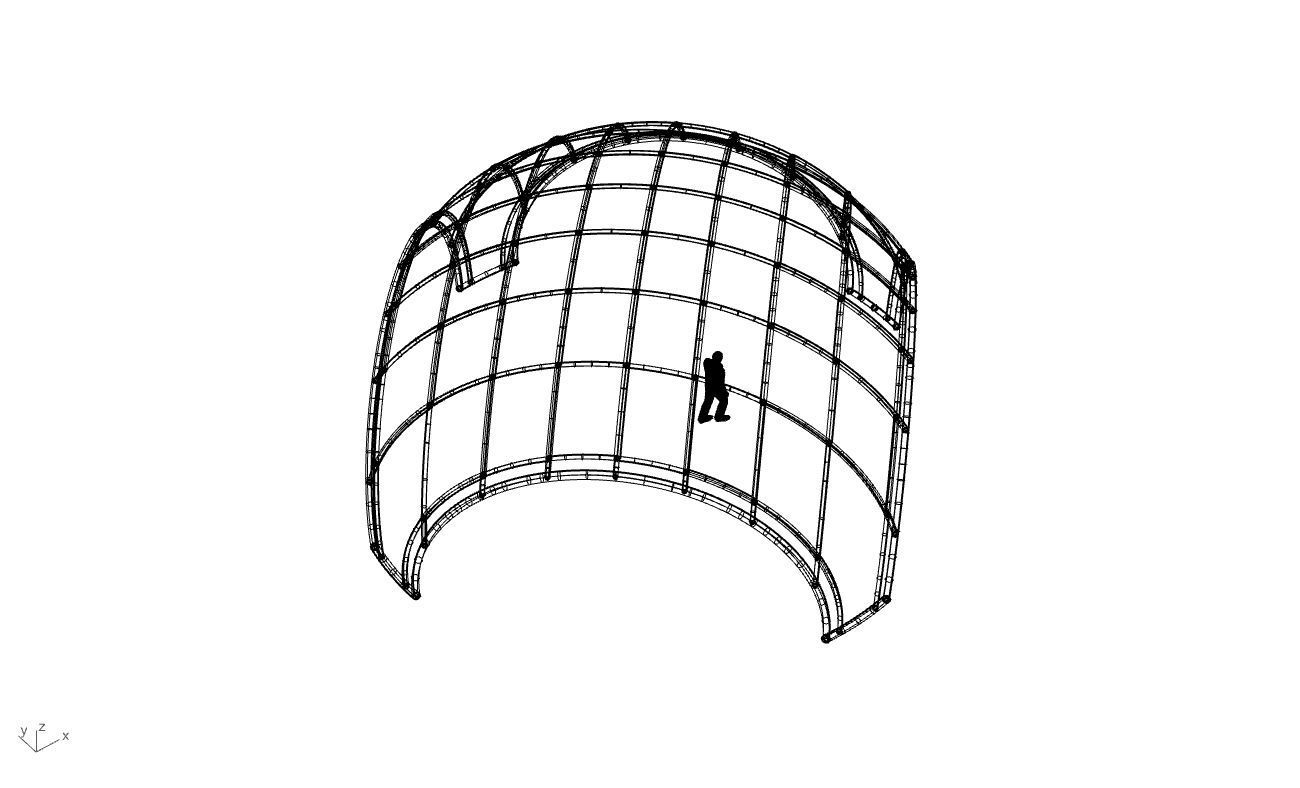 Dome Structure with Arched Entry and Diagonal Wireframe Design 3D model_97