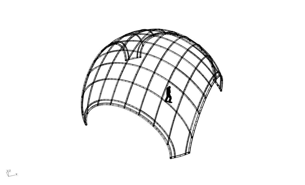 Dome Structure with Arched Entry and Diagonal Wireframe Design 3D model_98