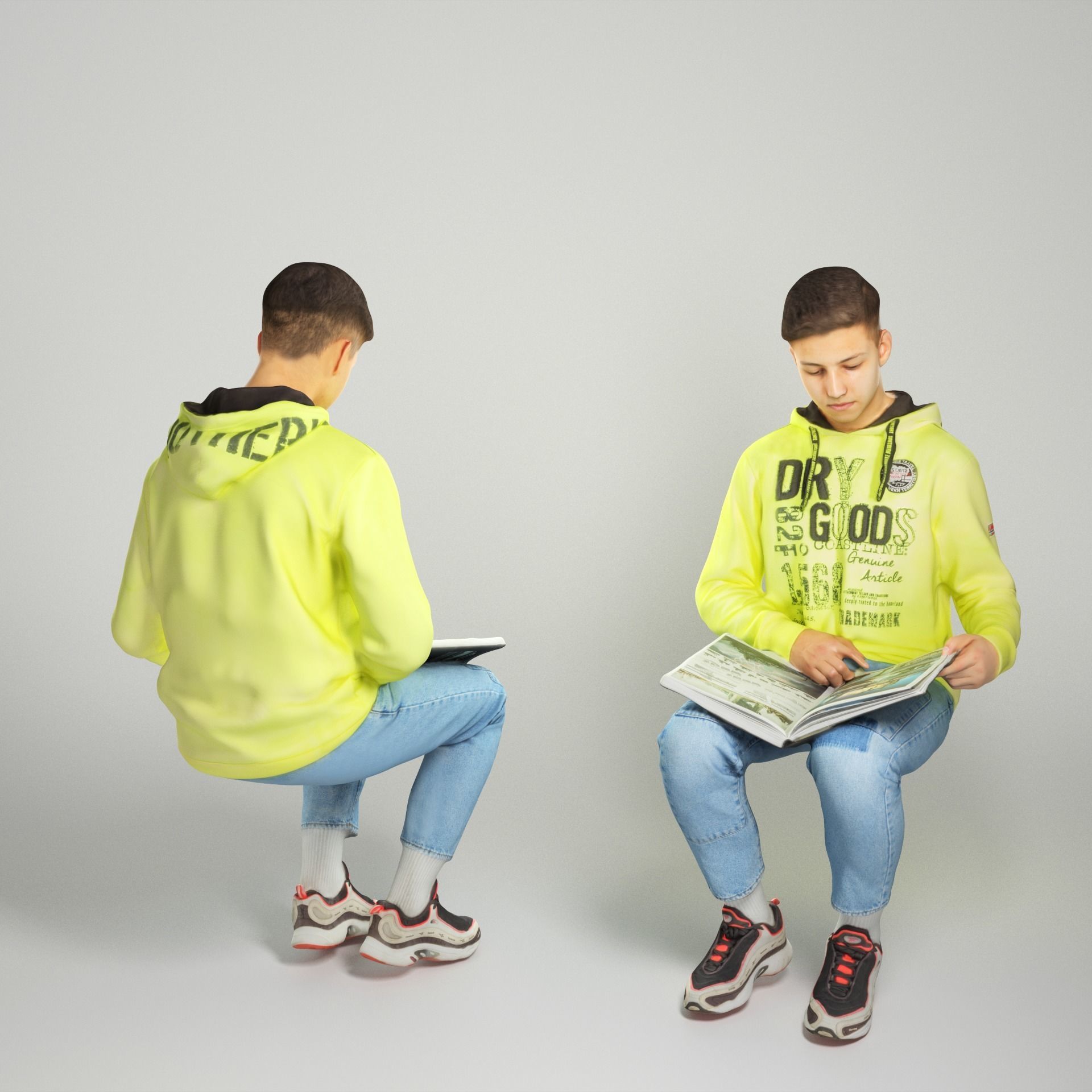 Young man sitting in chair reading book 226 Low-poly 3D model_1