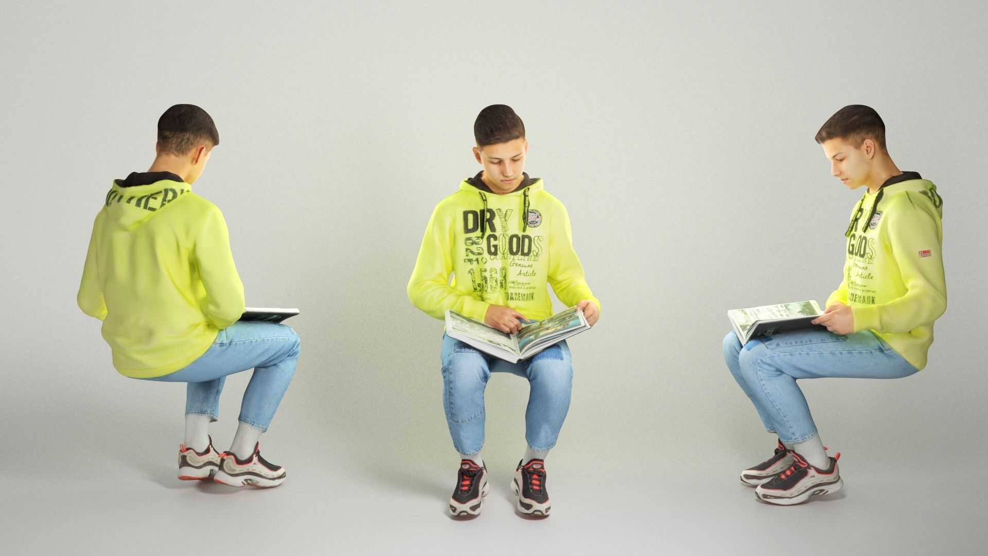 Young man sitting in chair reading book 226 Low-poly 3D model_2
