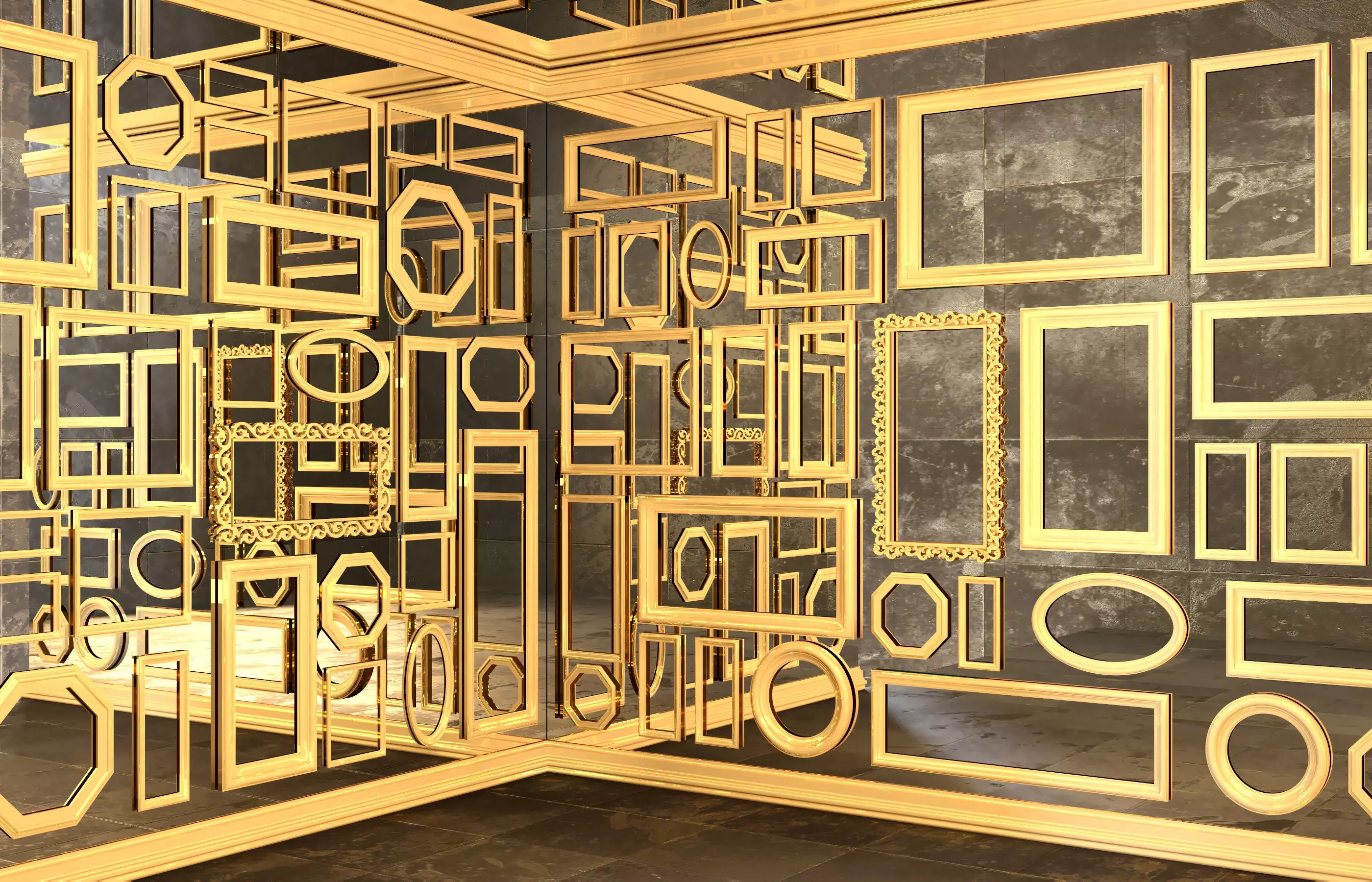 mirror wall with gold frames 3D model_0