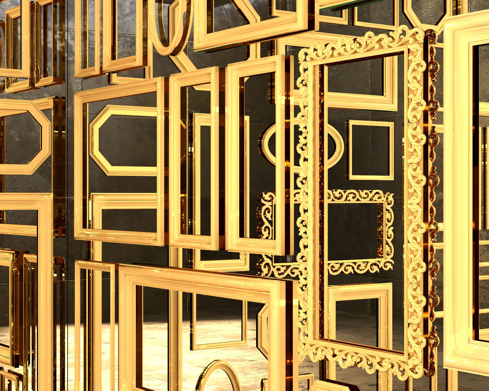mirror wall with gold frames 3D model_3