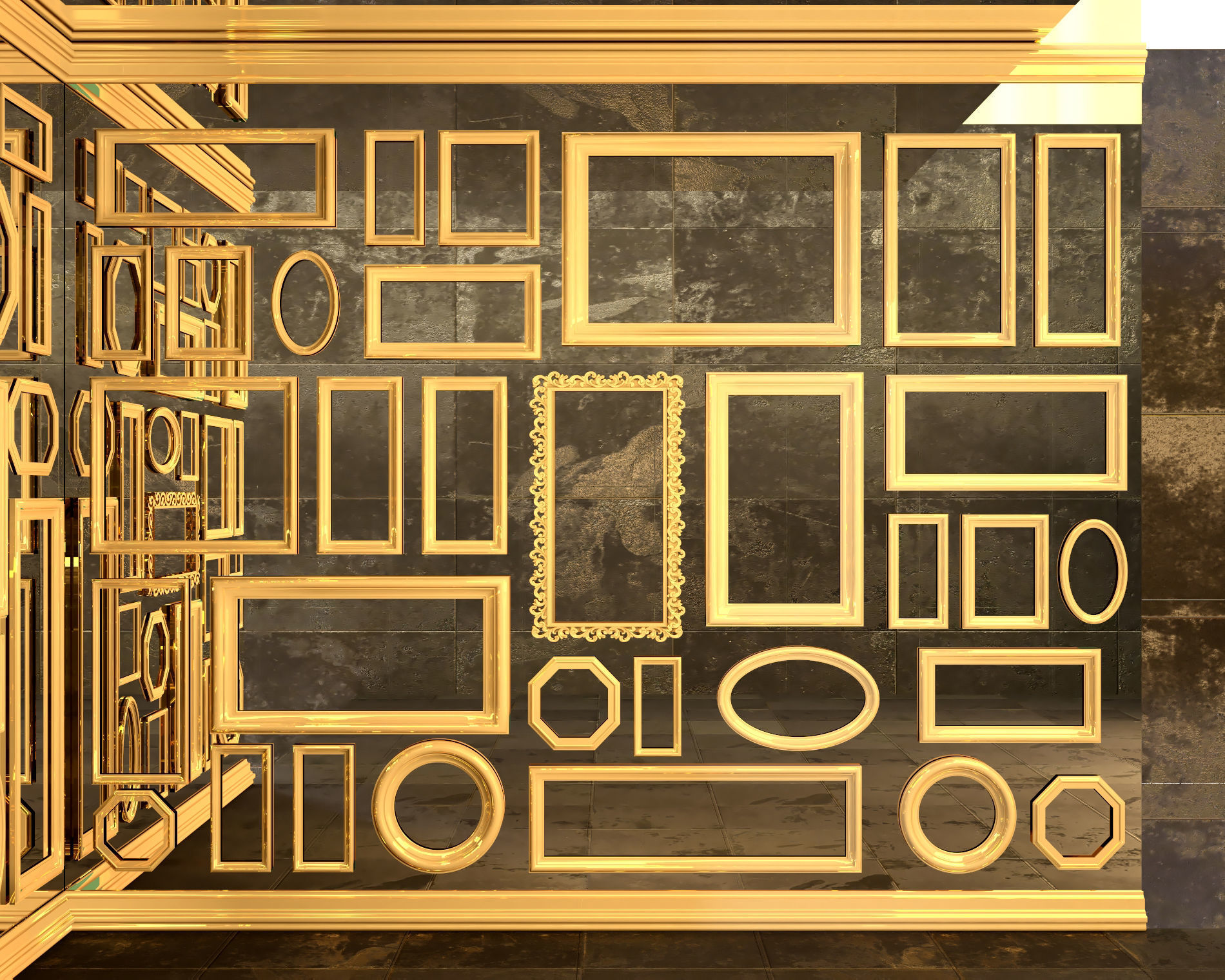 mirror wall with gold frames 3D model_1