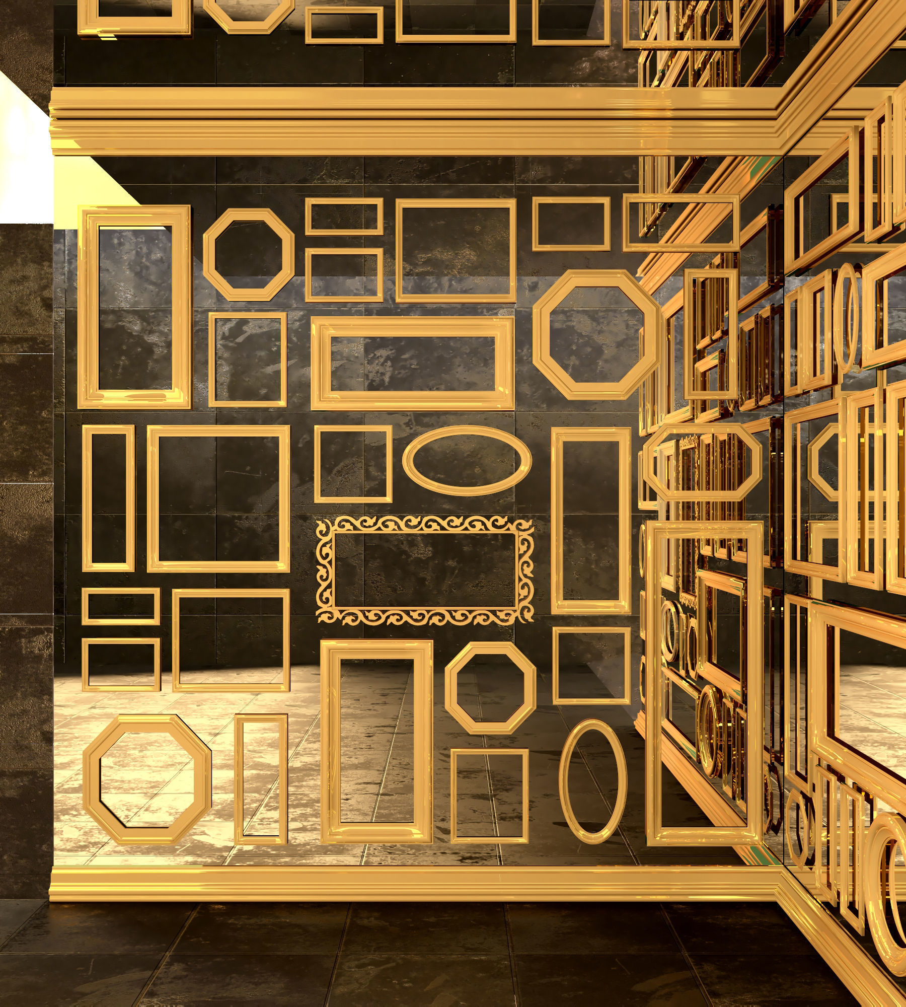 mirror wall with gold frames 3D model_2