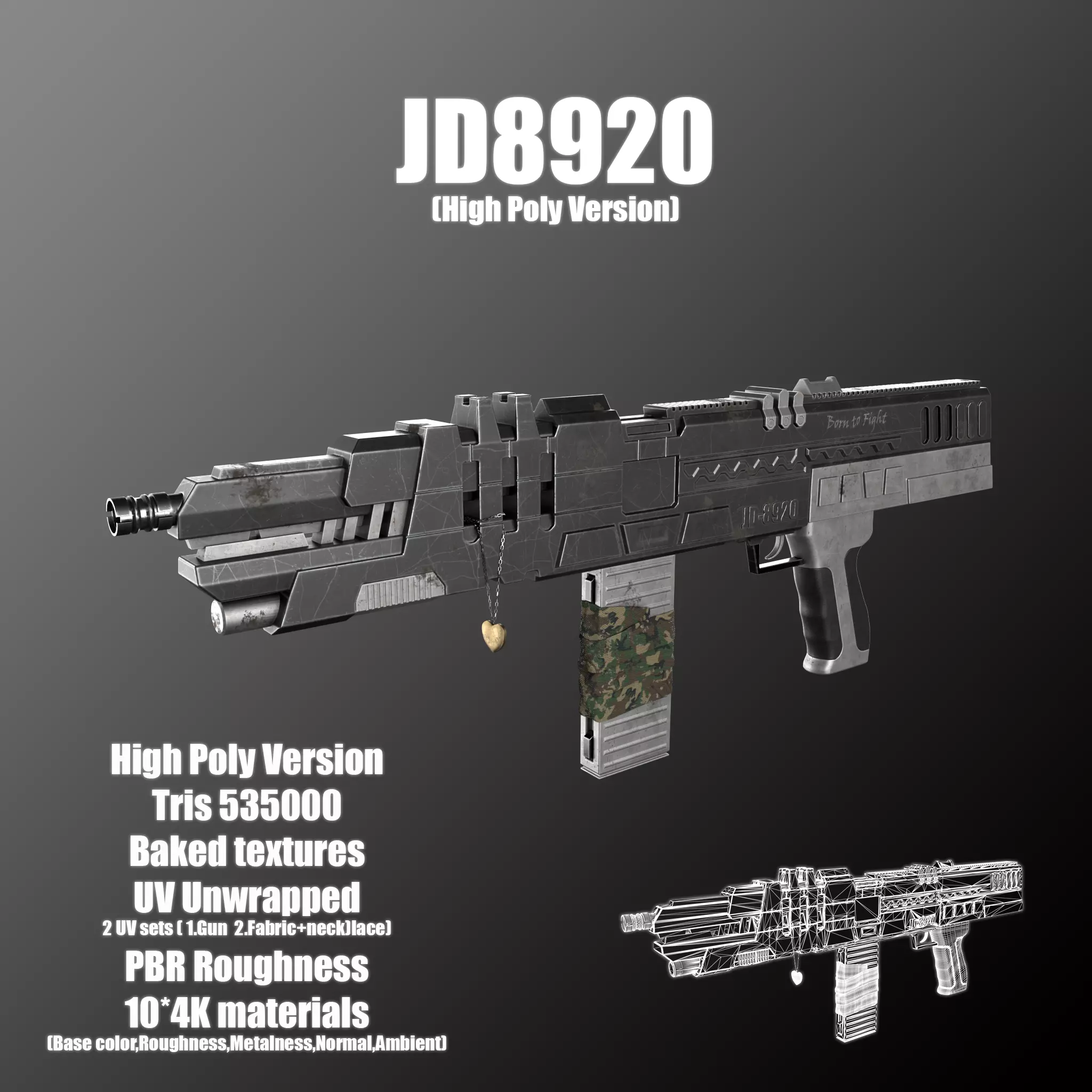 High poly and low poly gun-JD8920 Low-poly 3D model