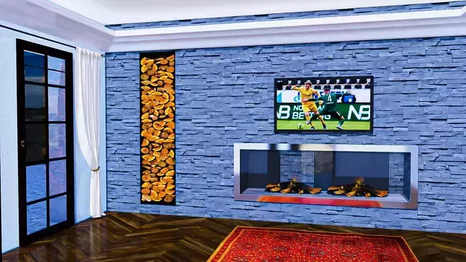 Wall with Fireplace Grey Stones