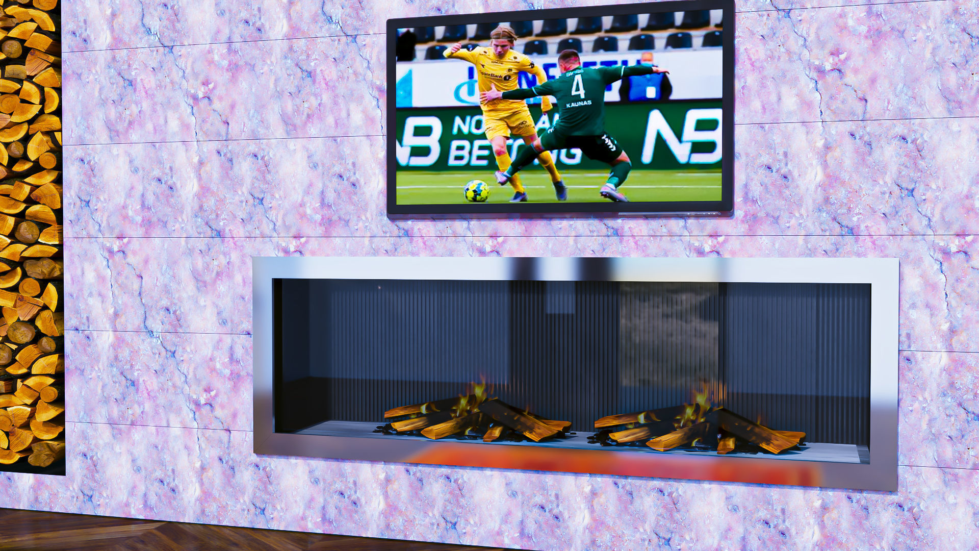 Wall with Fireplace Stone Boulder Pink 3D model_1