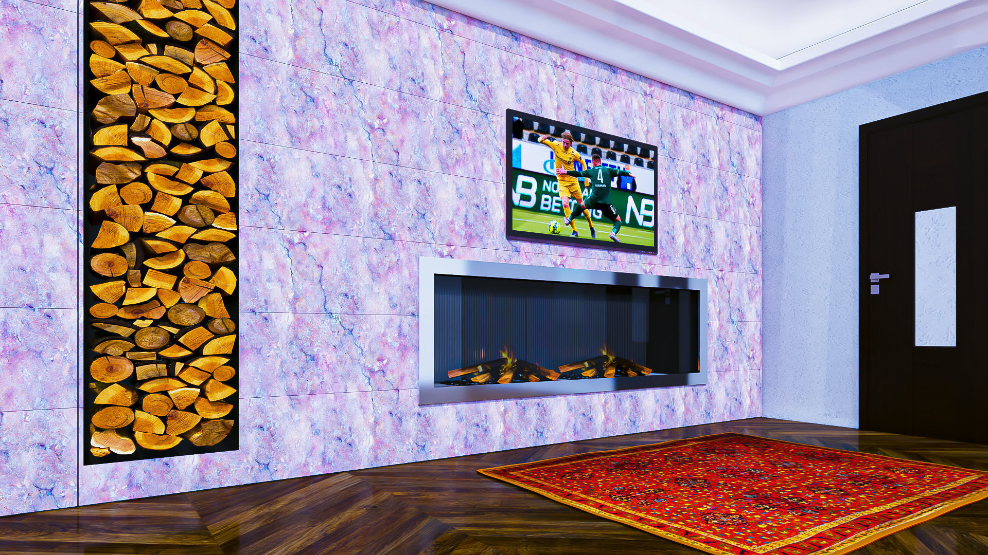 Wall with Fireplace Stone Boulder Pink 3D model_2