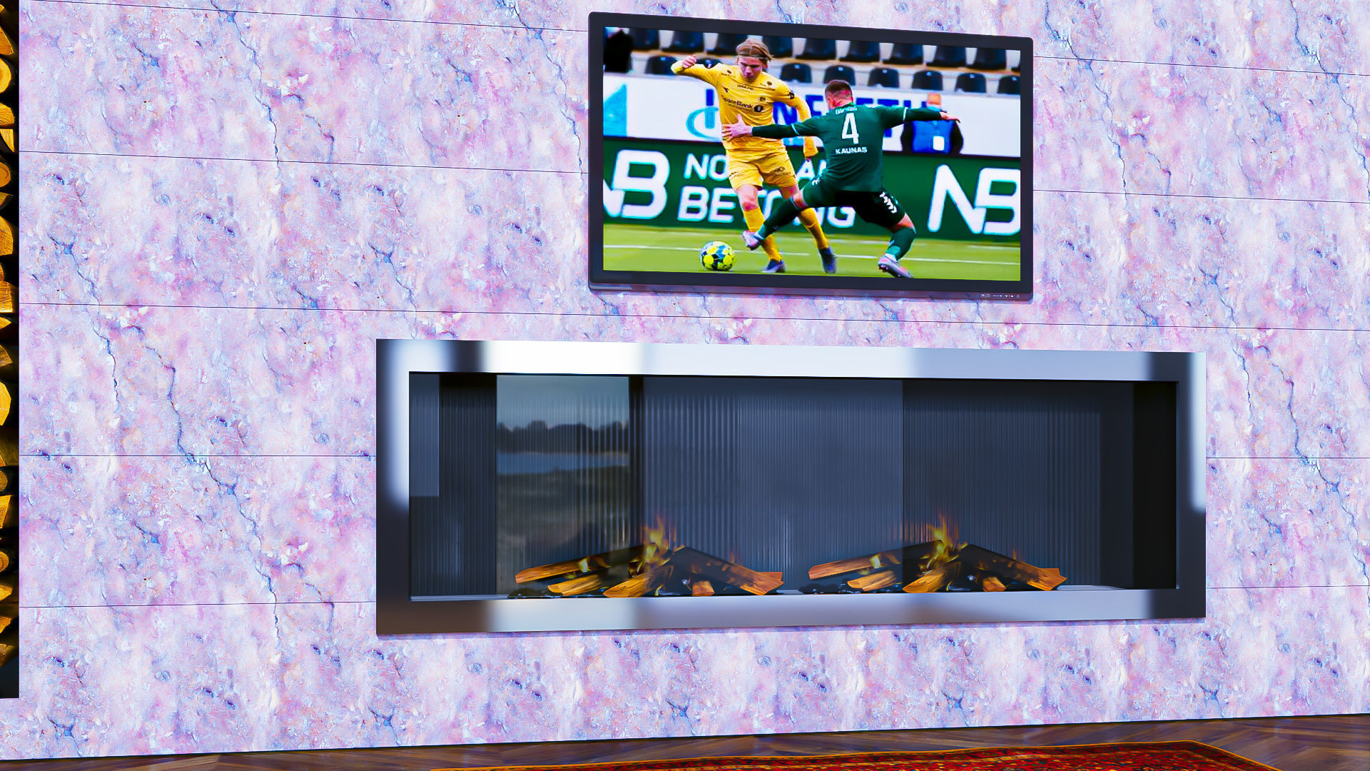 Wall with Fireplace Stone Boulder Pink 3D model_3