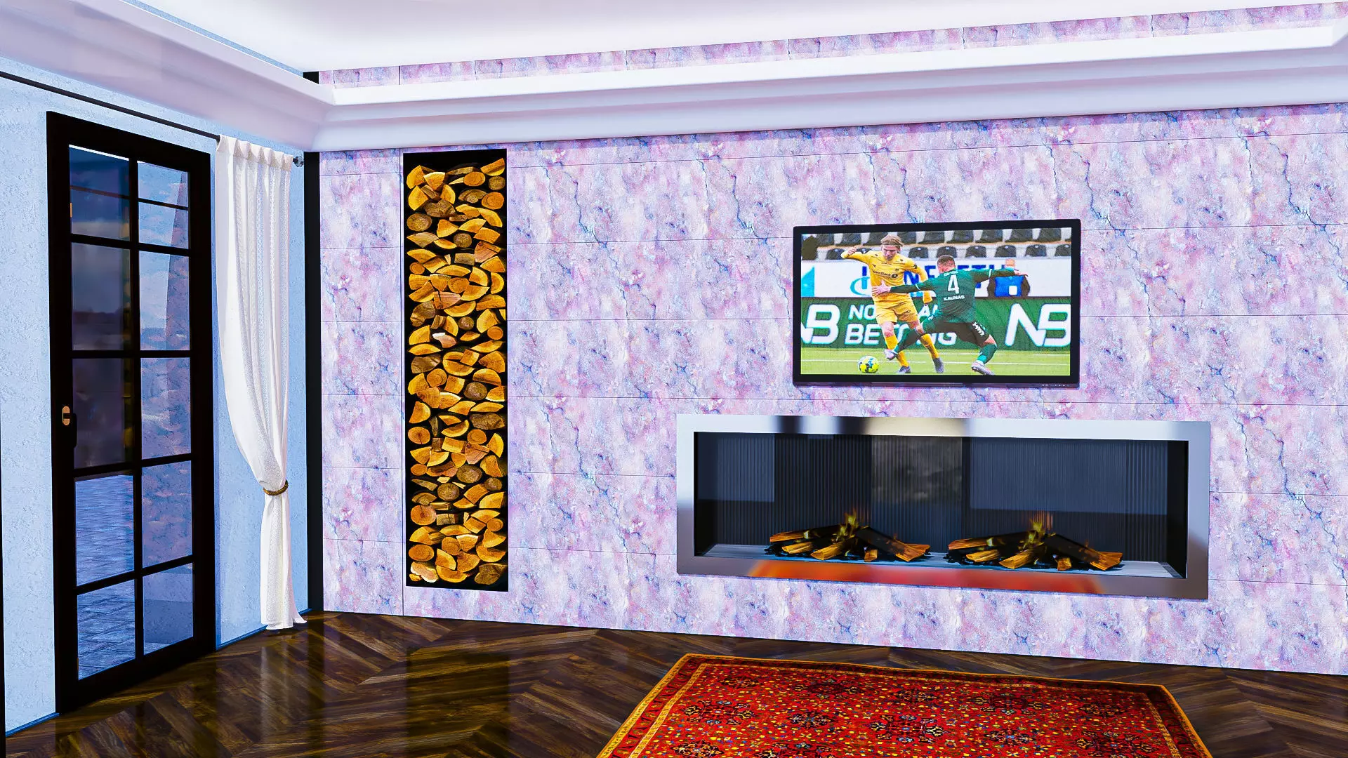 Wall with Fireplace Stone Boulder Pink 3D model_0