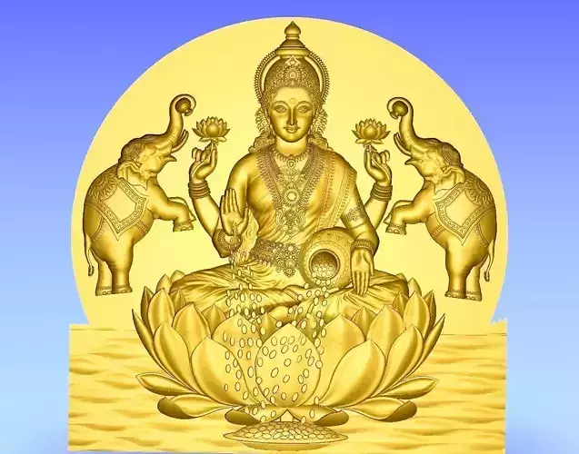 MahaLakshmi 3D Model gold lotus statue with elephants