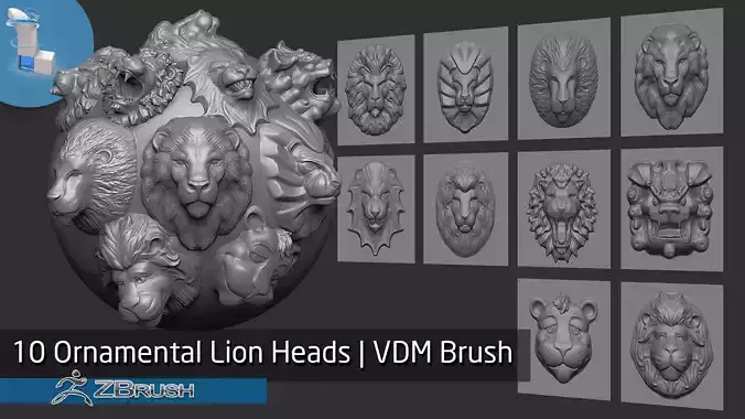 Zbrush - 10 Ornamental Lion Heads VDM Brush 3D model