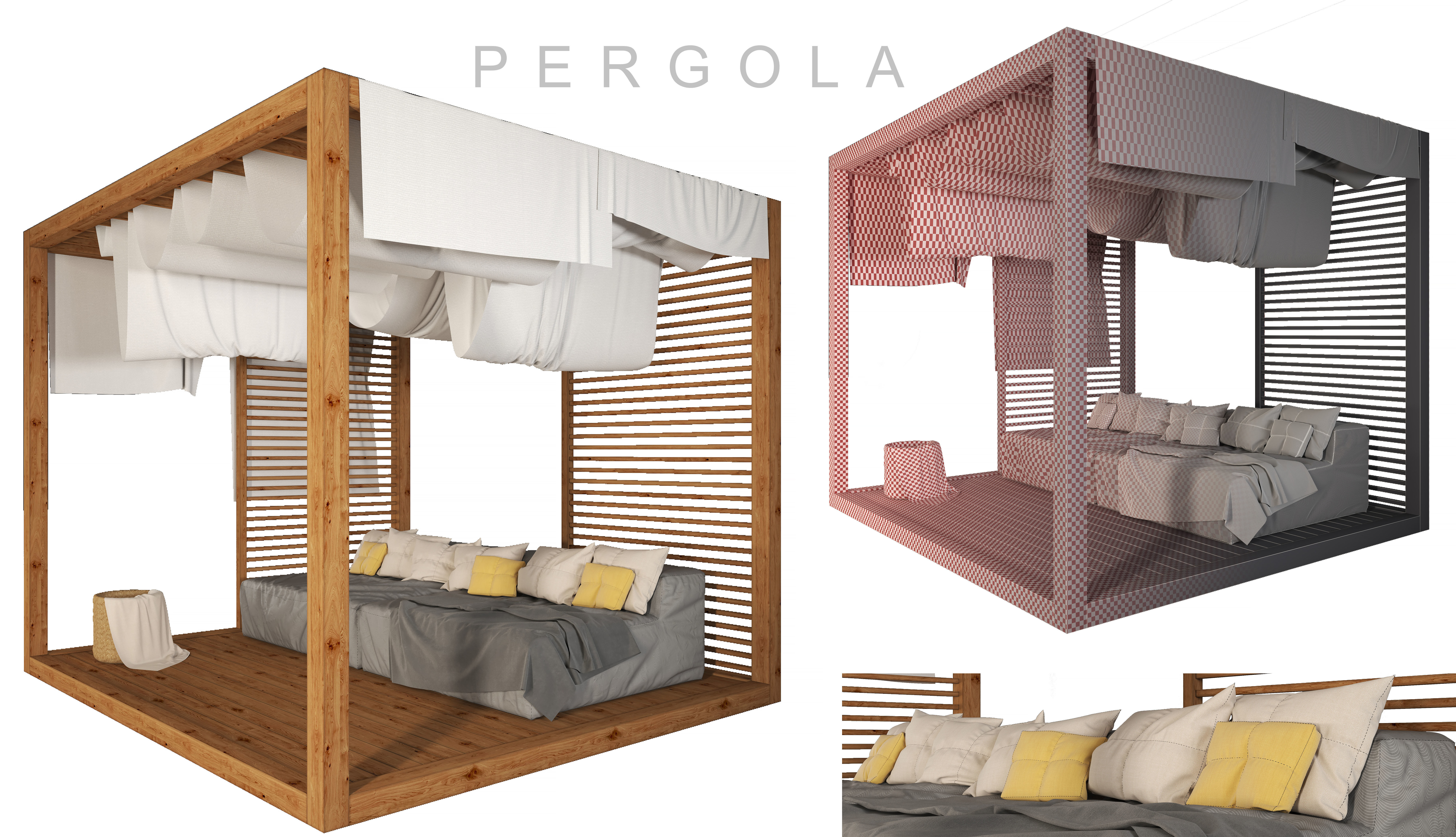 Pergola - 1 wooden canopy bed with sheets 3D model_4