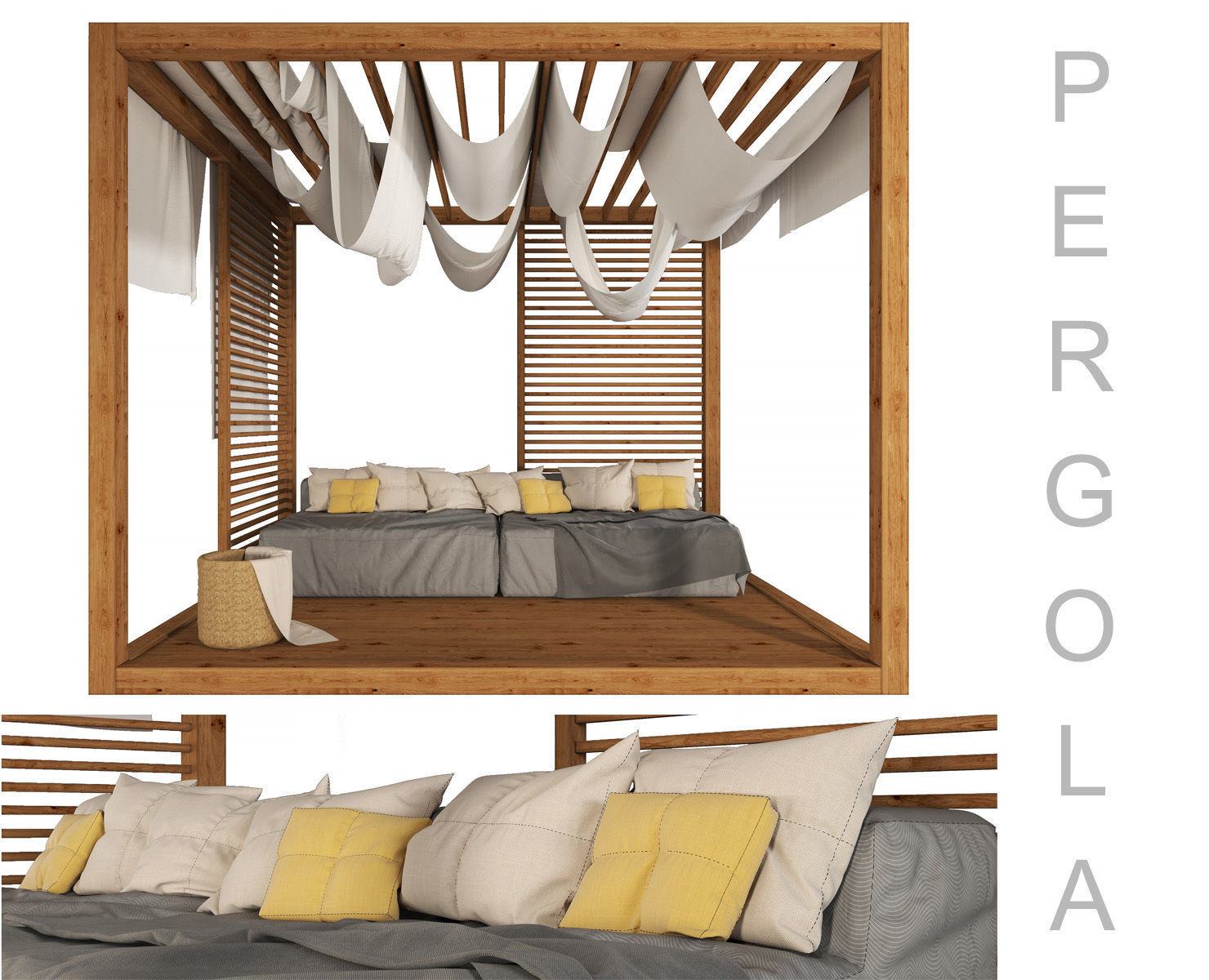 Pergola - 1 wooden canopy bed with sheets 3D model_3