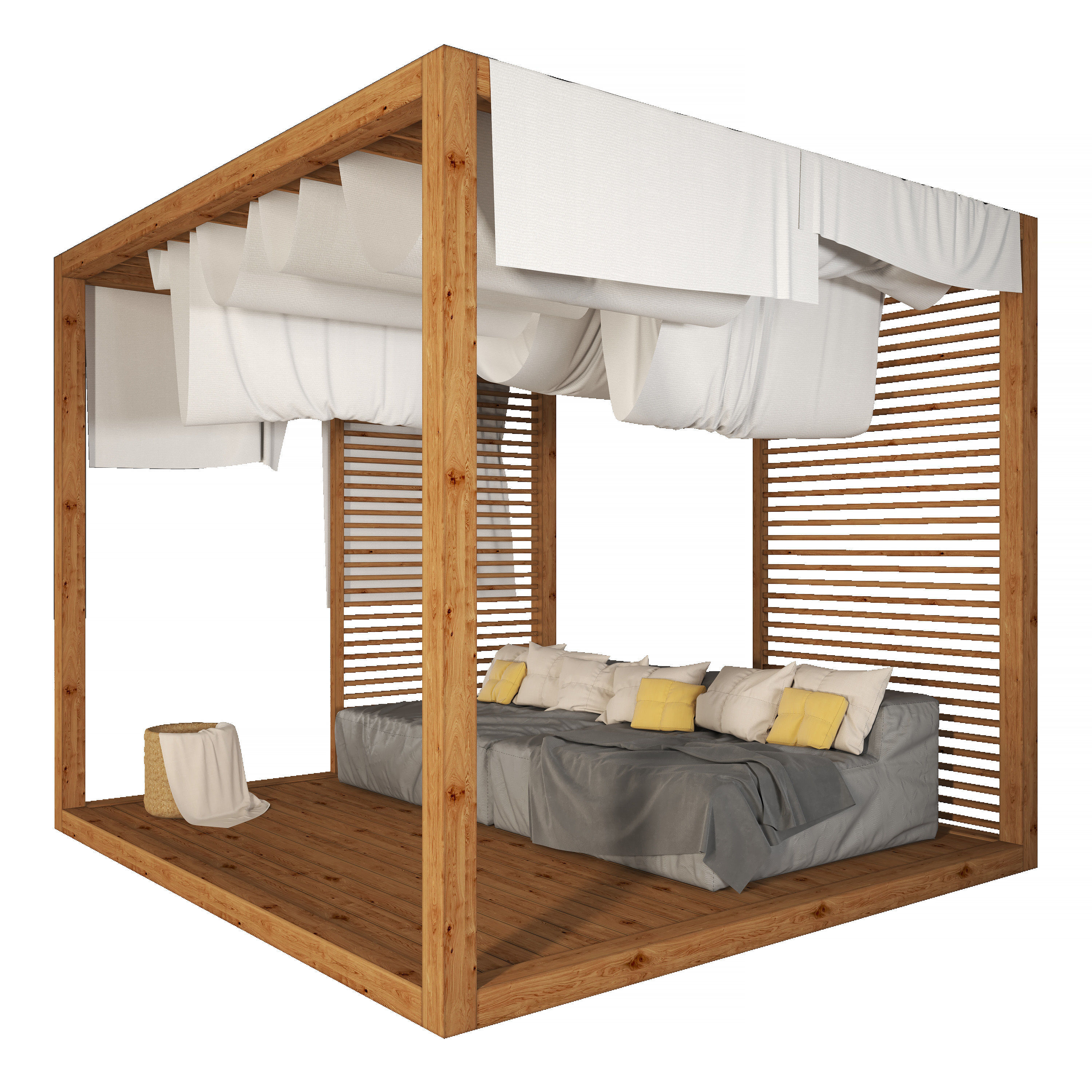 Pergola - 1 wooden canopy bed with sheets 3D model_1