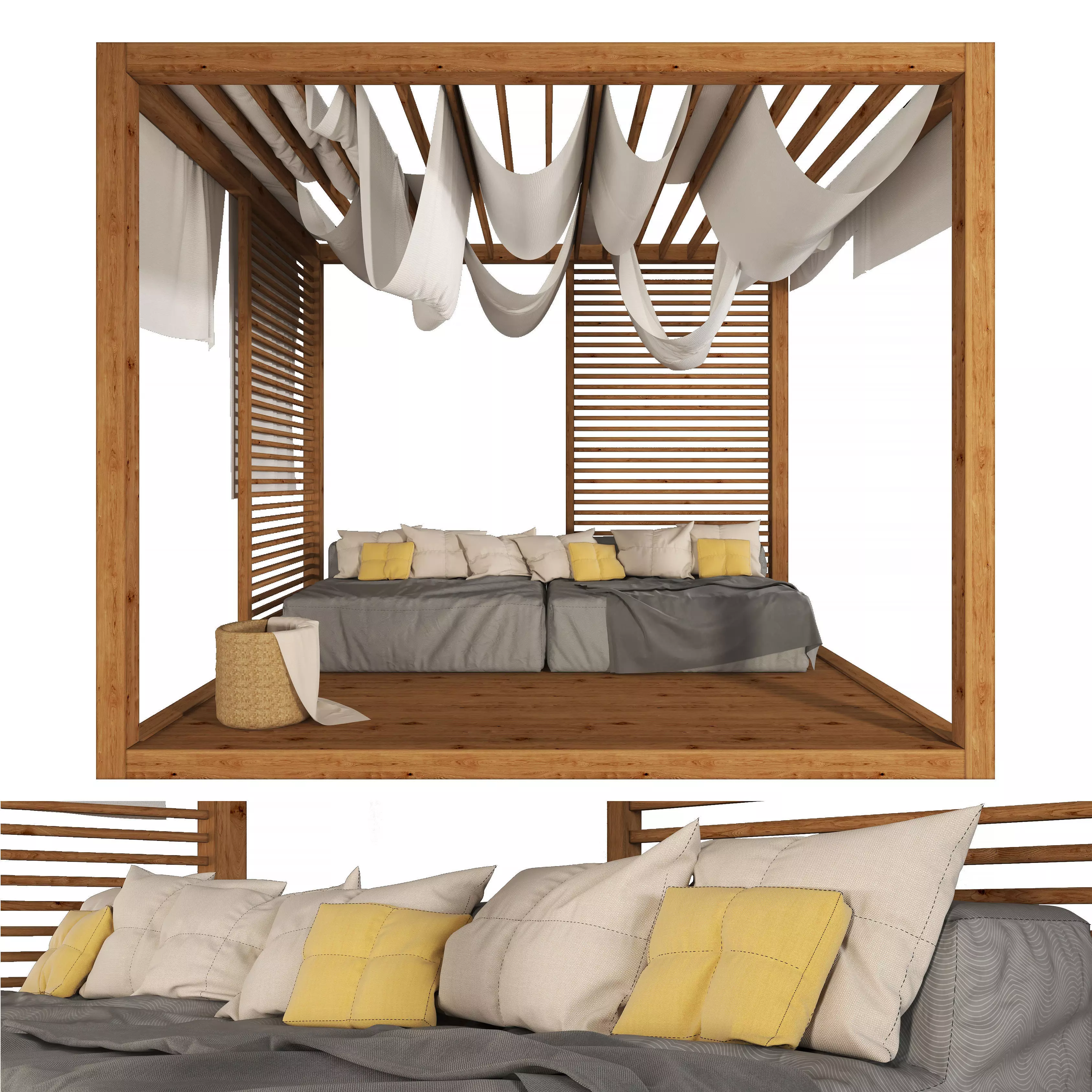 Pergola - 1 wooden canopy bed with sheets 3D model_0