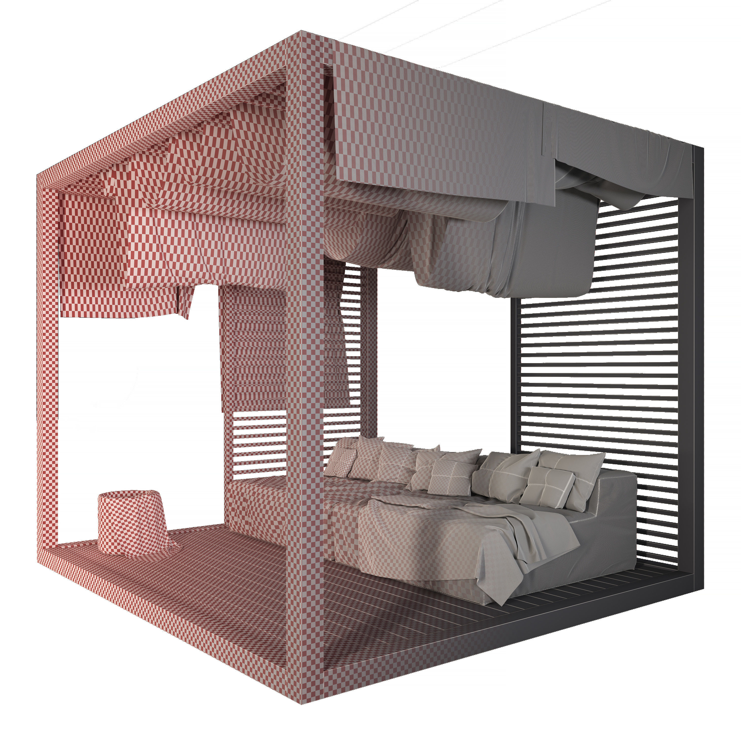 Pergola - 1 wooden canopy bed with sheets 3D model_2