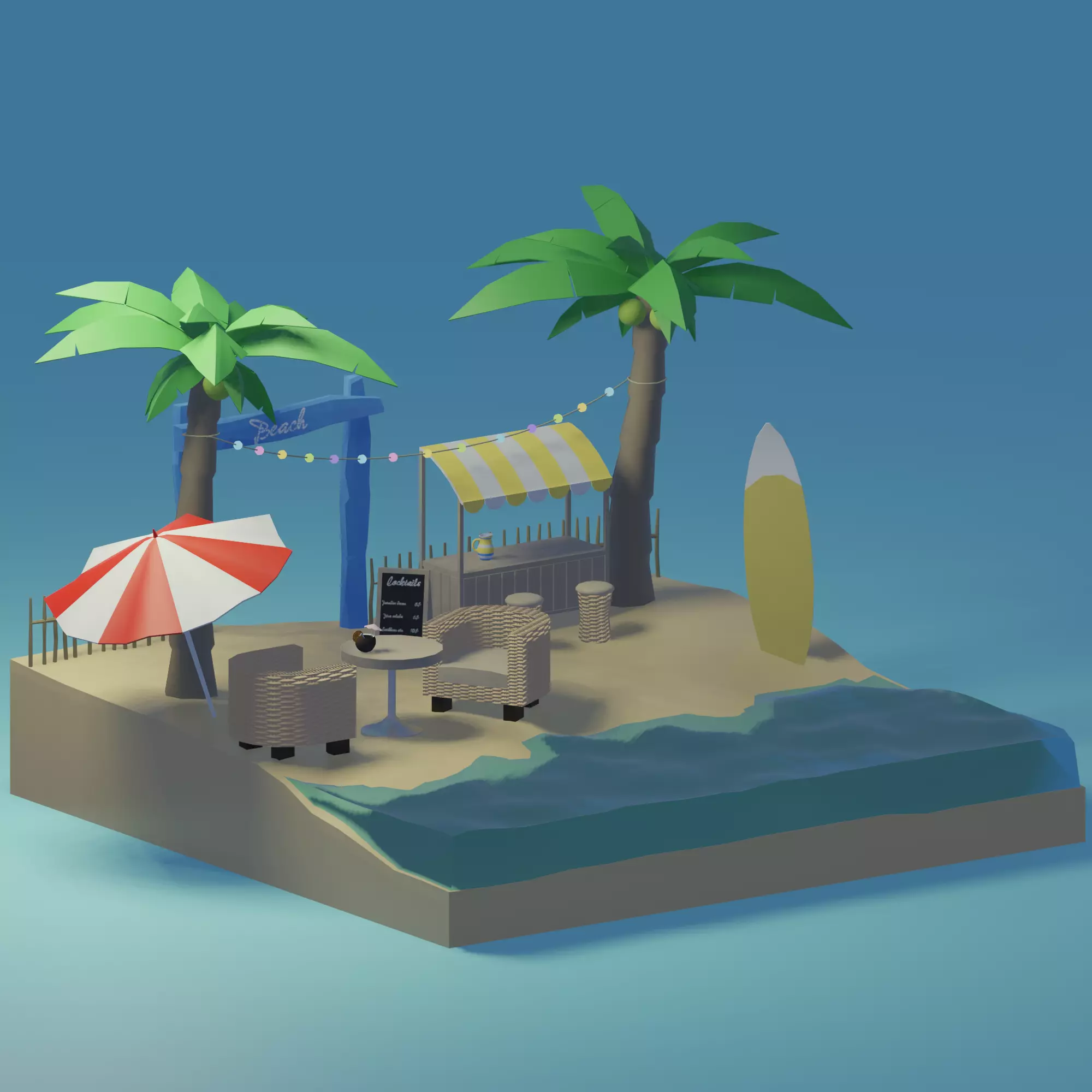 Beach wicker stool in sims Low-poly 3D model_0